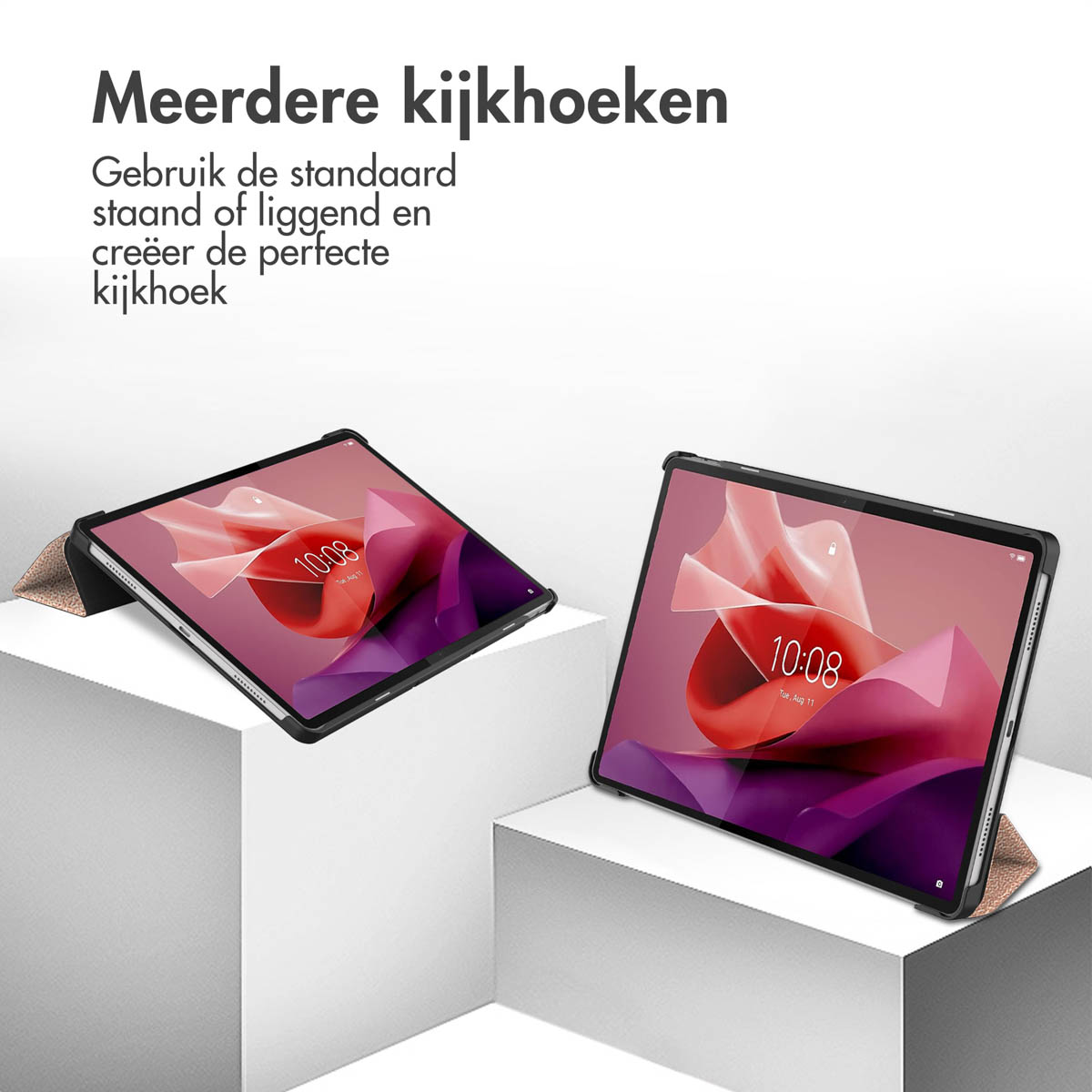 Two tablets in cases, angled on white platforms. Text indicates multiple viewing angles.