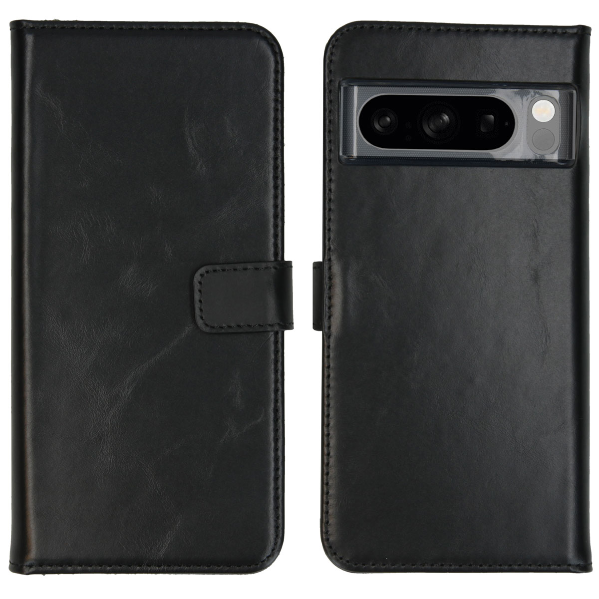 Un portefeuille de coque de téléphone noir. L'étui est fermé et possède un bouton pour le verrouiller. Le téléphone est à l'intérieur.