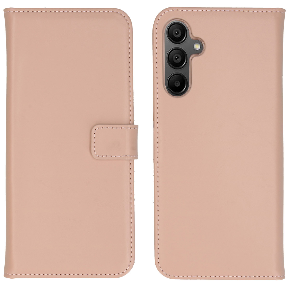 Coque de téléphone rose, ouverte. Coque de téléphone avec texture de cuir rose. Caméra visible.