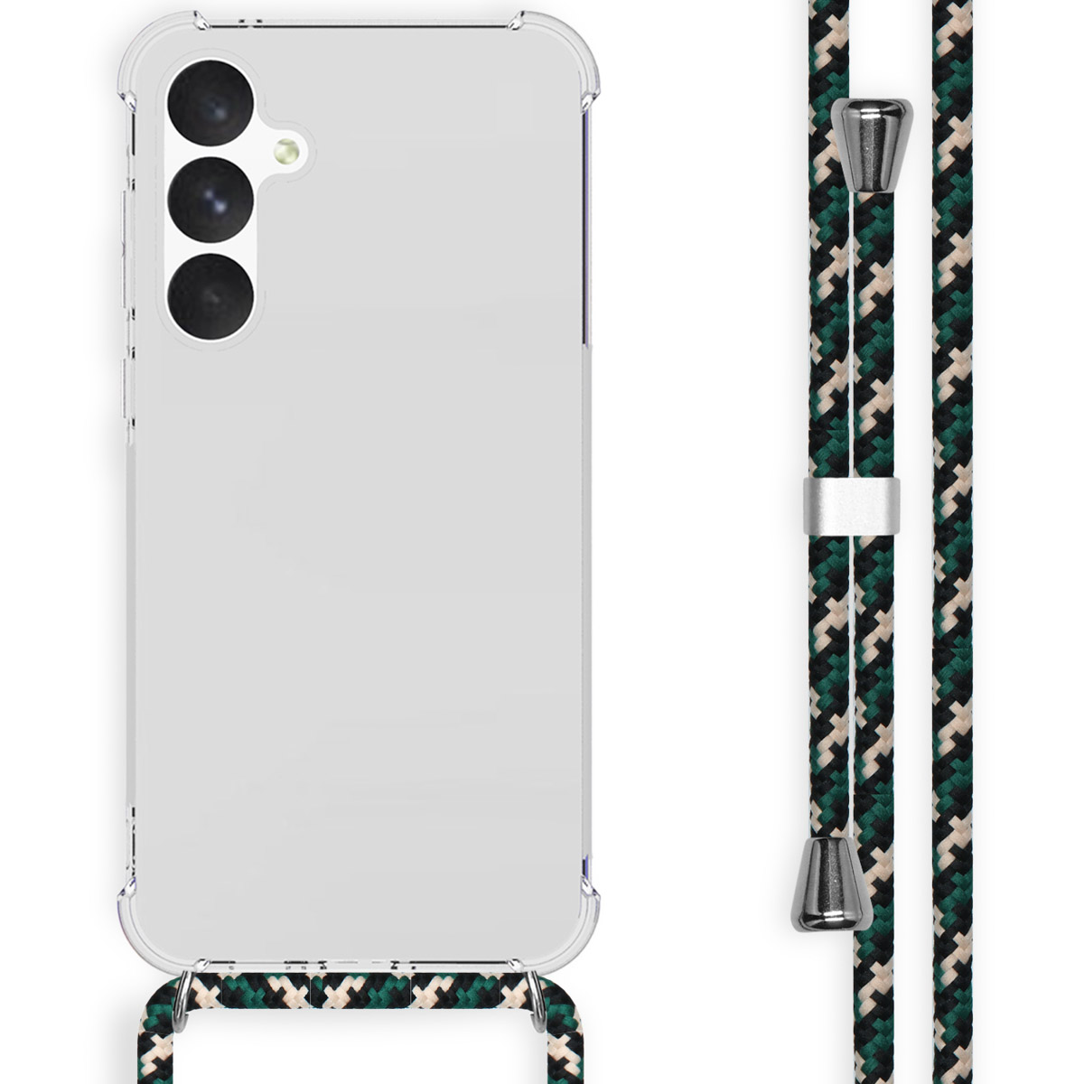 Coque de téléphone transparente avec un cordon. Le cordon a des couleurs noires et vertes.