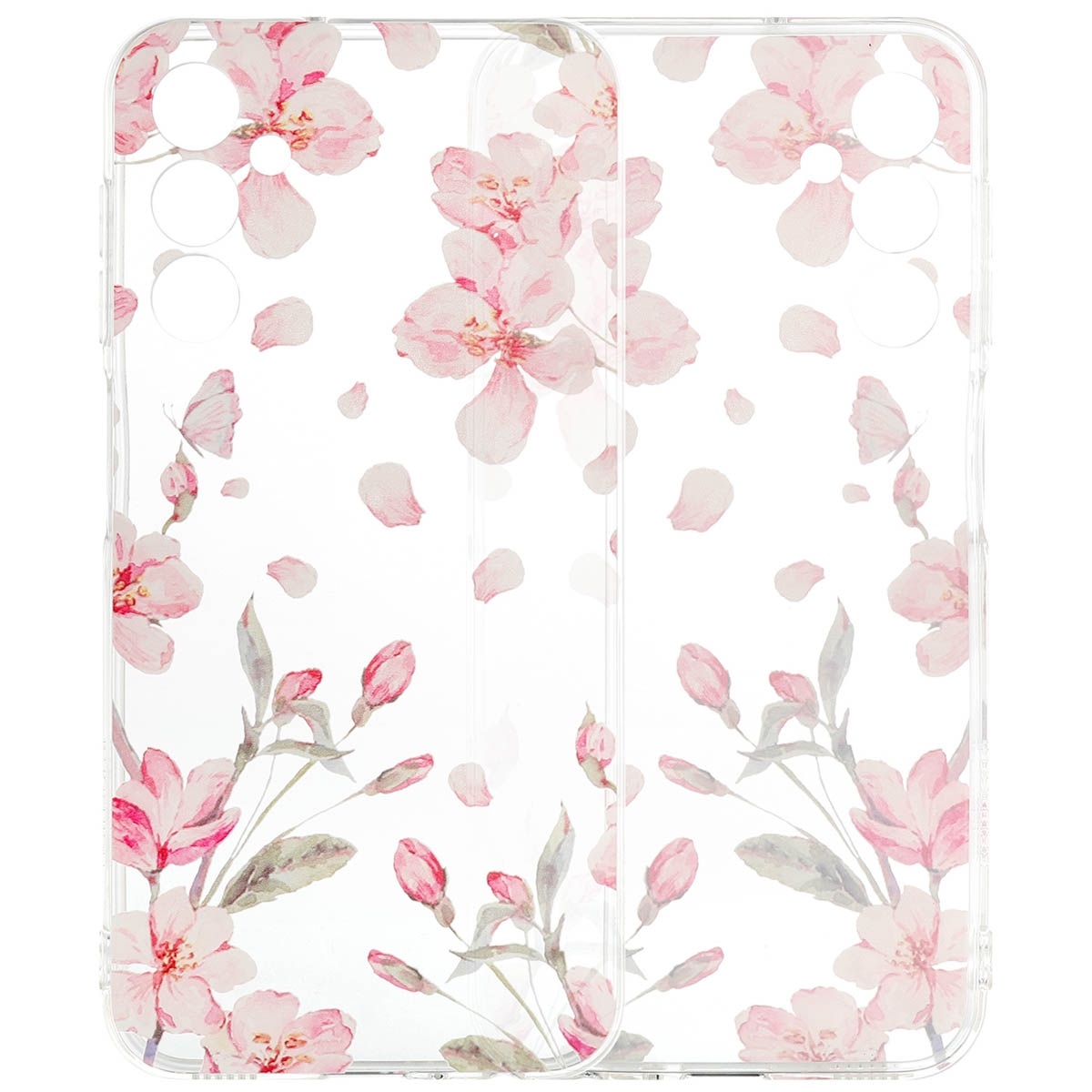 Deux coques de téléphone transparentes avec des motifs floraux de fleurs et de feuilles roses, sur fond blanc.