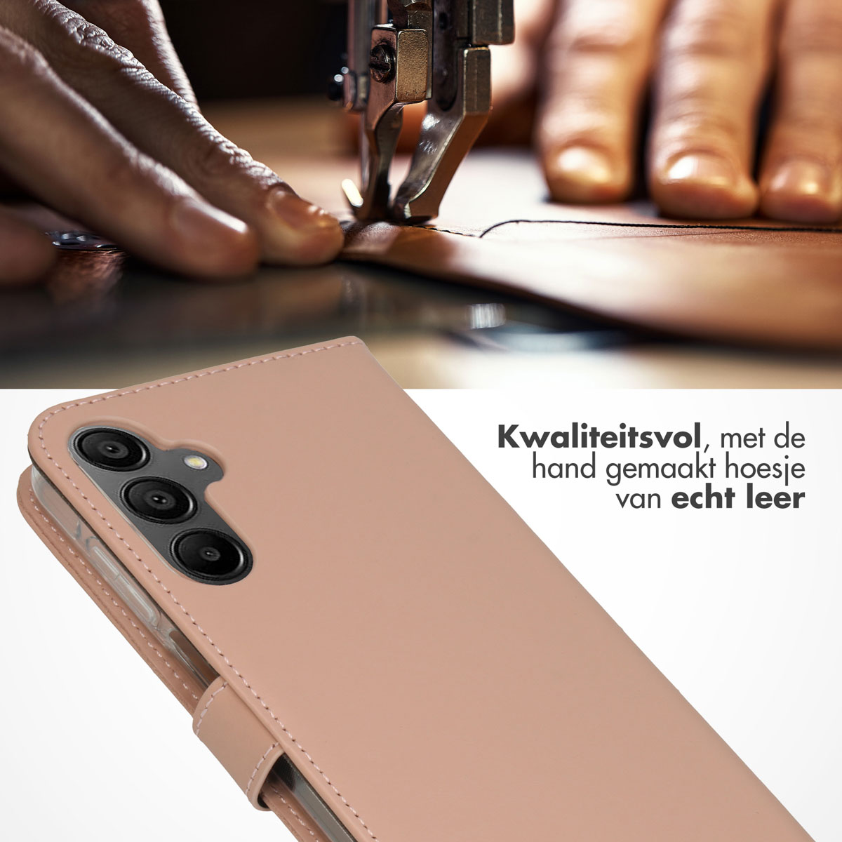 Gros plan d'un étui de téléphone cousu. L'étui est en cuir rose.