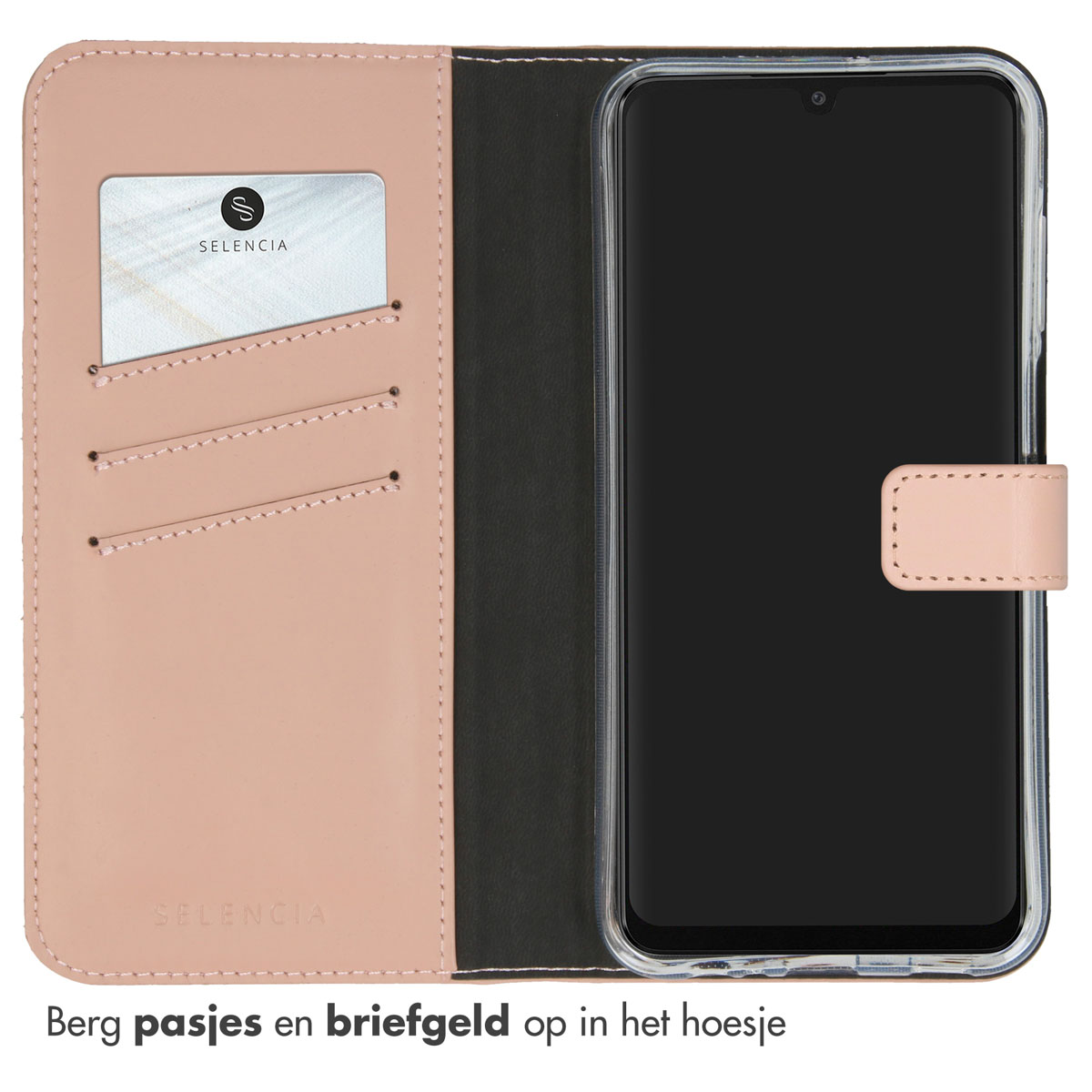 Étui portefeuille rose avec fentes pour cartes et un téléphone à l'intérieur.
