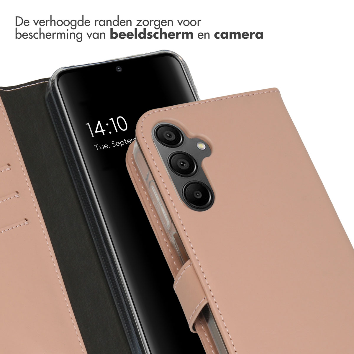 Coque rose avec téléphone, bords surélevés pour protection écran et caméra.