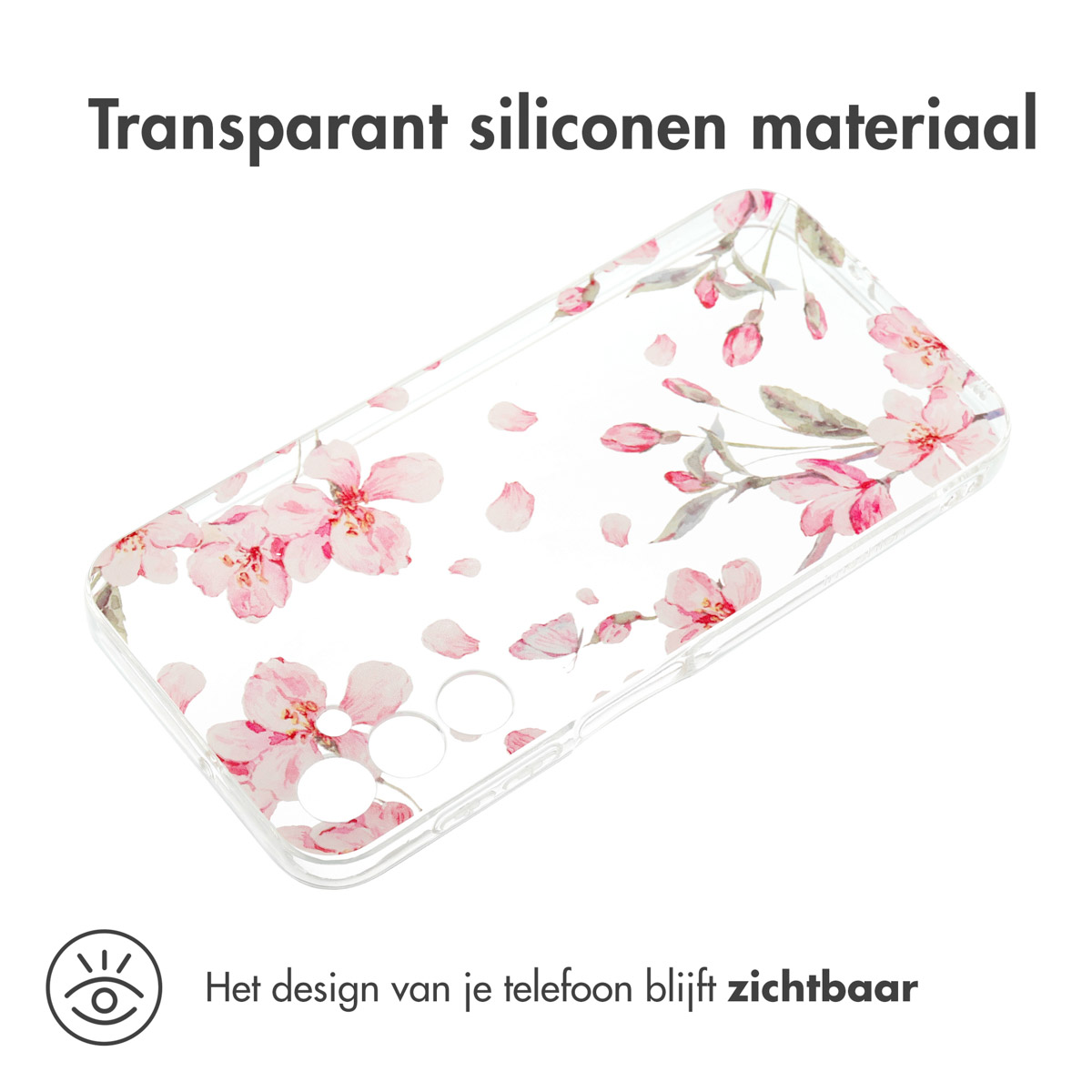 Coque de téléphone transparente avec un motif floral. Le motif est visible à travers la coque.