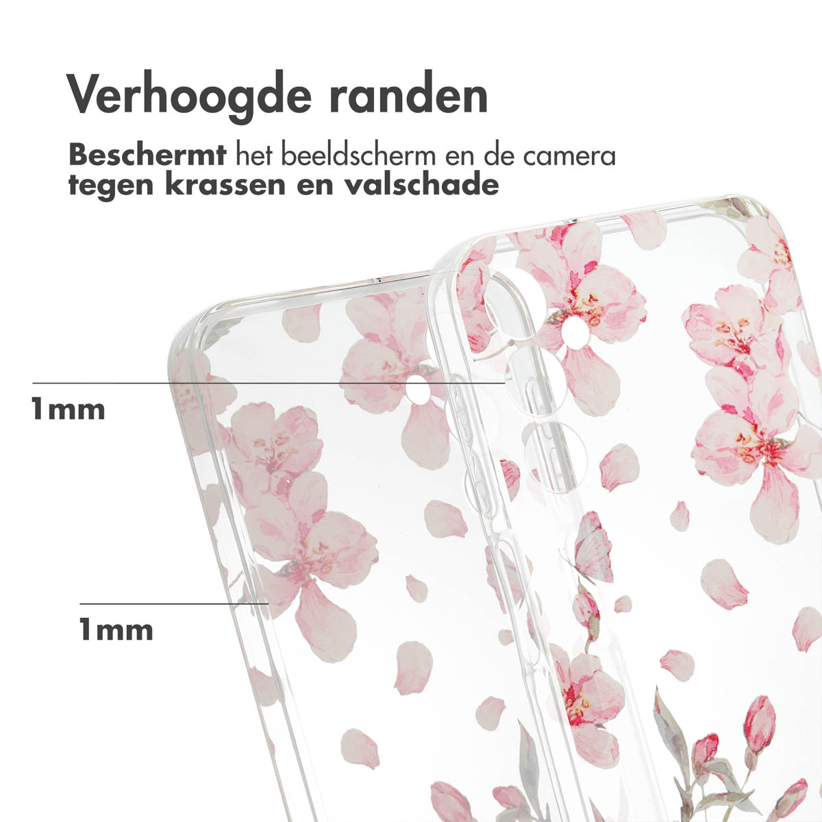 Coque de téléphone avec un motif de fleurs roses, gros plan, avec un bord surélevé de 1 mm visible.