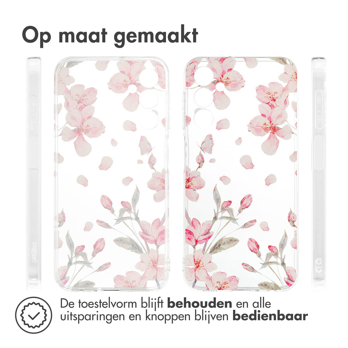 Deux coques de téléphone transparentes avec motif de fleurs roses. Les coques ont une vue latérale.