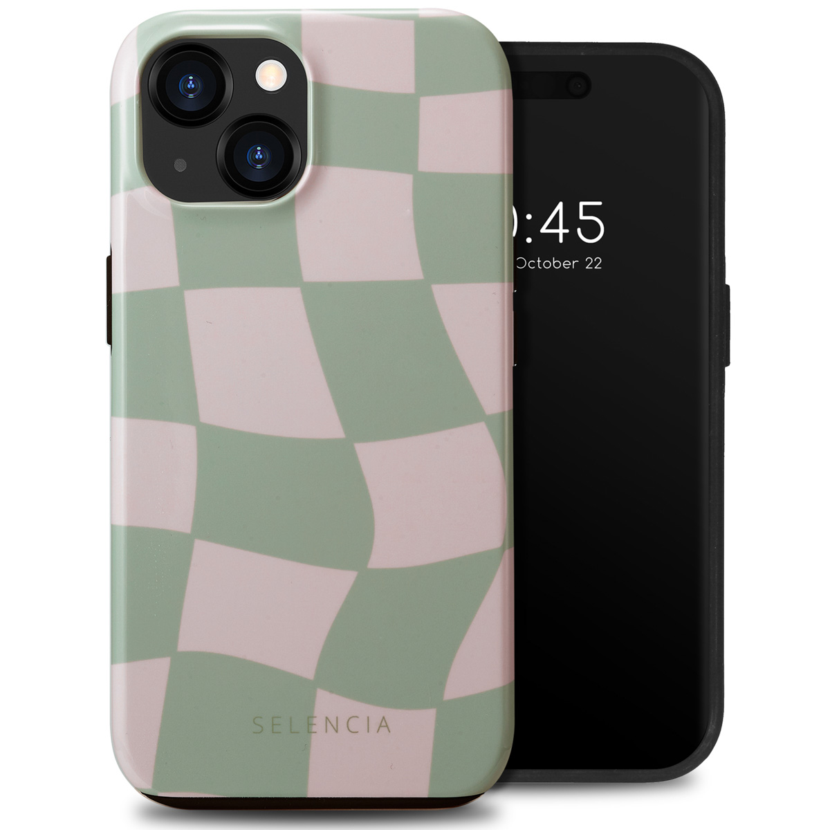 Coque de téléphone à carreaux verts et roses, avec un téléphone à l'intérieur. Le téléphone est noir.