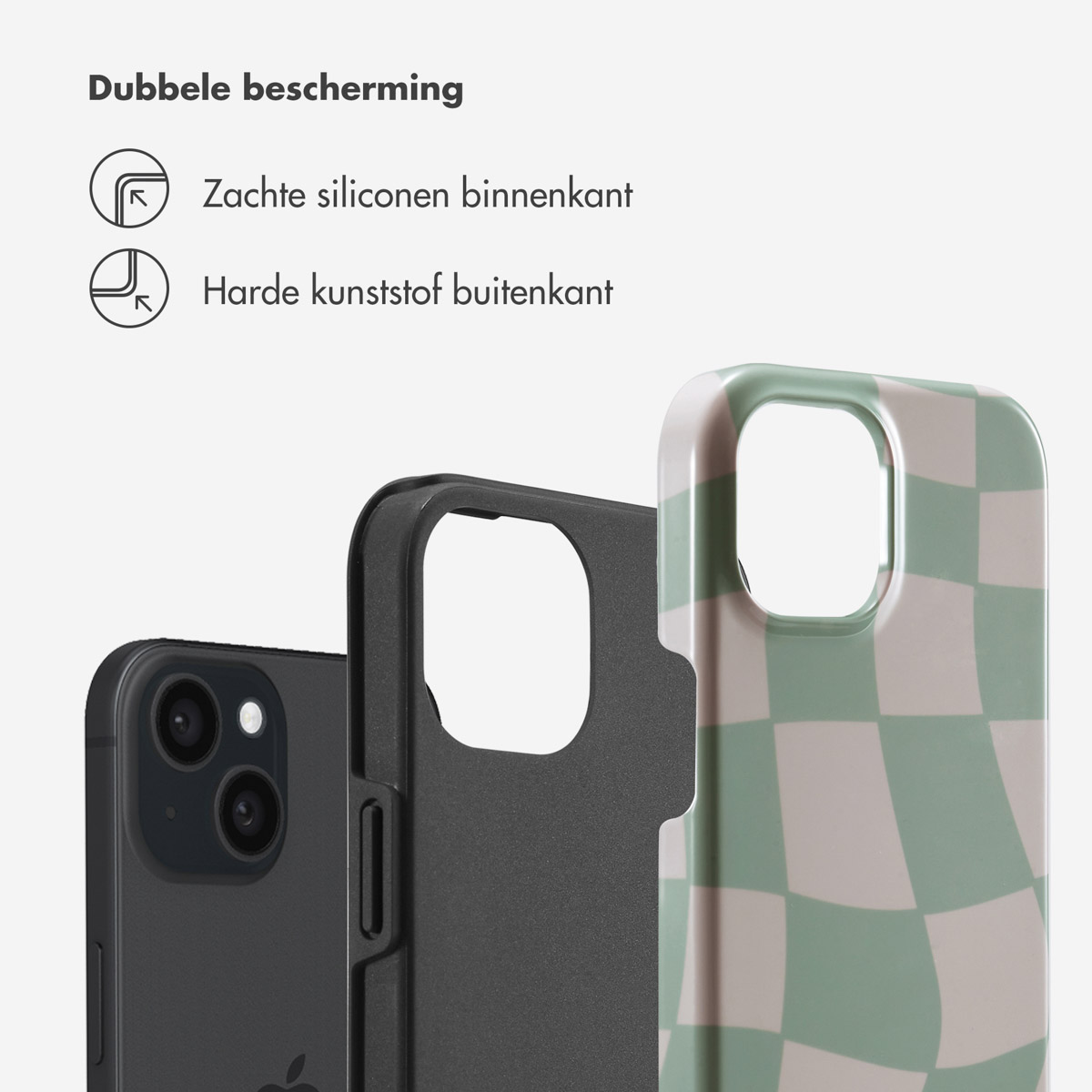 Coque avec deux couches, intérieure souple et extérieure dure, carreaux verts.