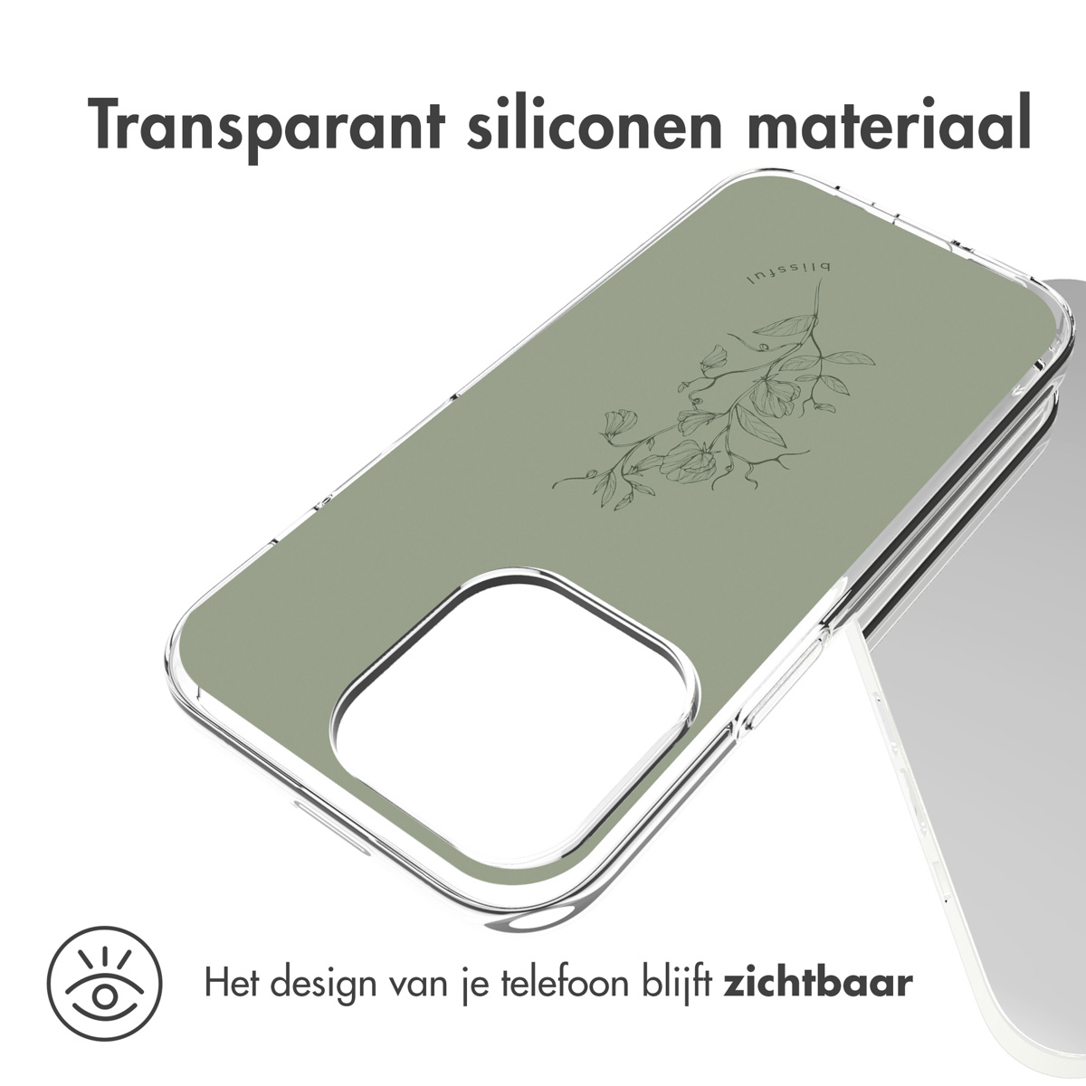 Custodia trasparente con design floreale. Il telefono è visibile. Testo: Materiale siliconico trasparente.