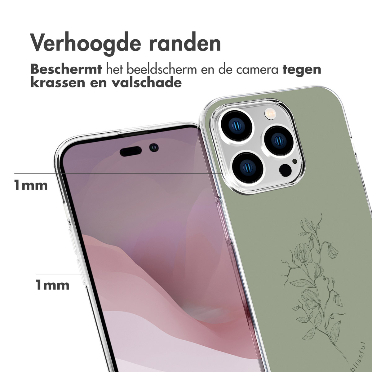 Custodia per telefono con design floreale e bordi rialzati di 1 mm. La custodia è su un telefono.