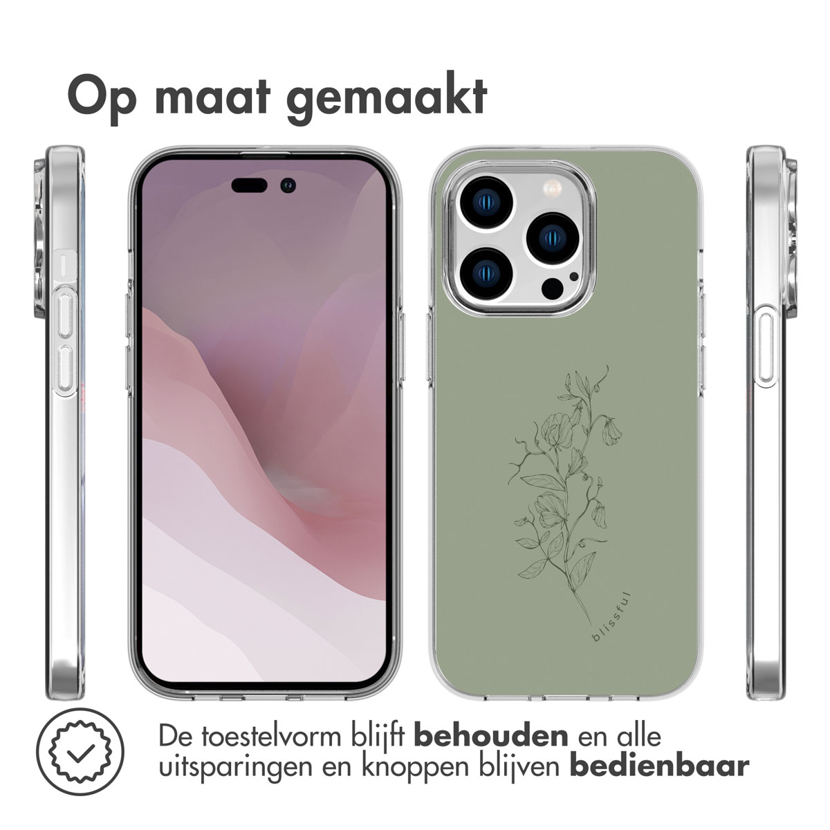 Custodie per telefono con telefono. La custodia è verde con un motivo floreale.