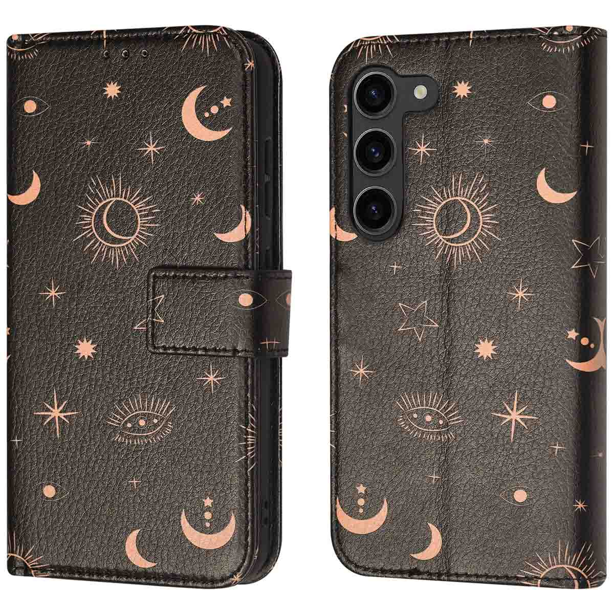 Donkerbruine telefoonhoes met maan- en zonontwerp. Magnetische sluiting. Opent om telefoon te tonen.