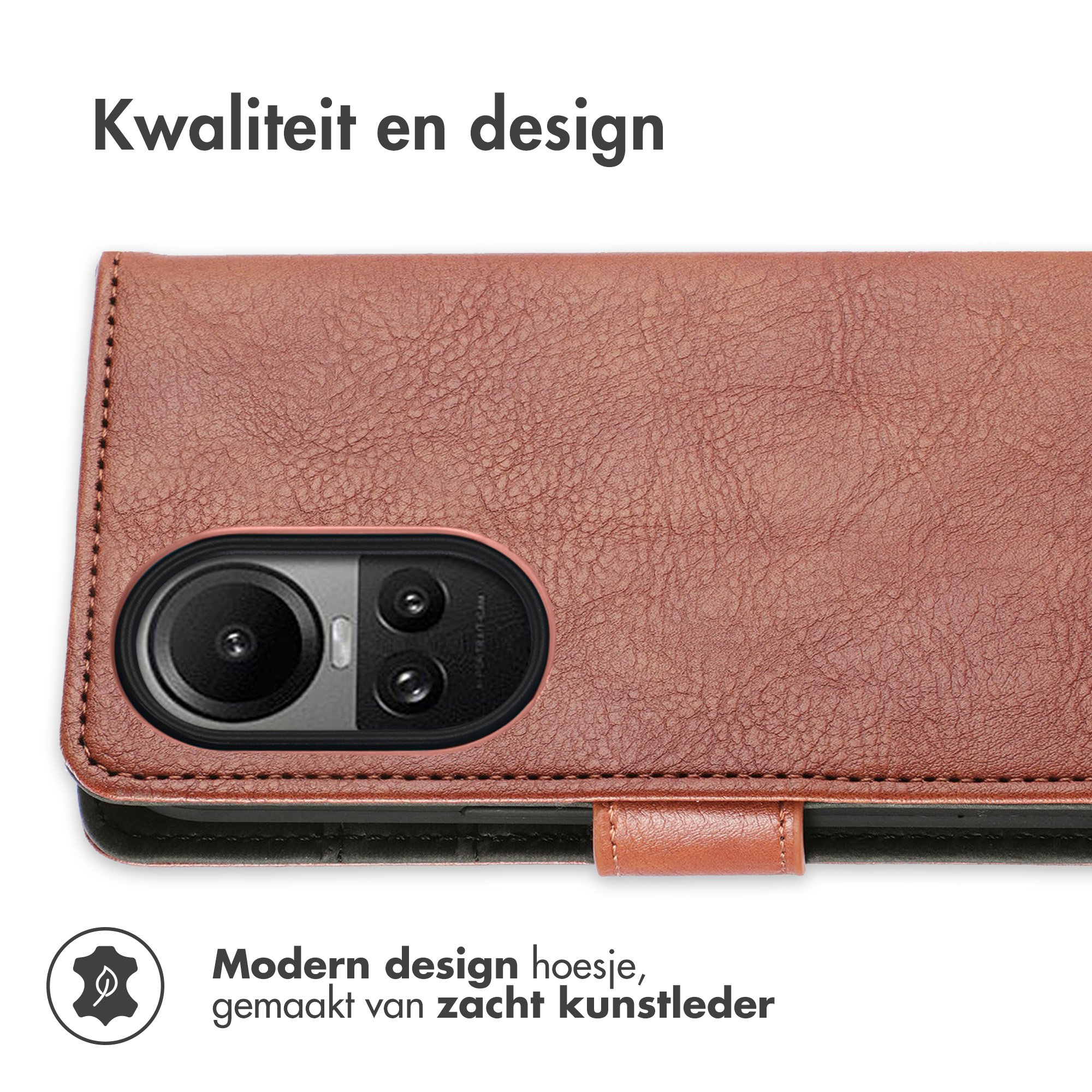 Bruine telefoonhoes met zichtbare camera. Tekst: Kwaliteit en design. Tekst: Modern design hoesje, van zacht kunstleer.