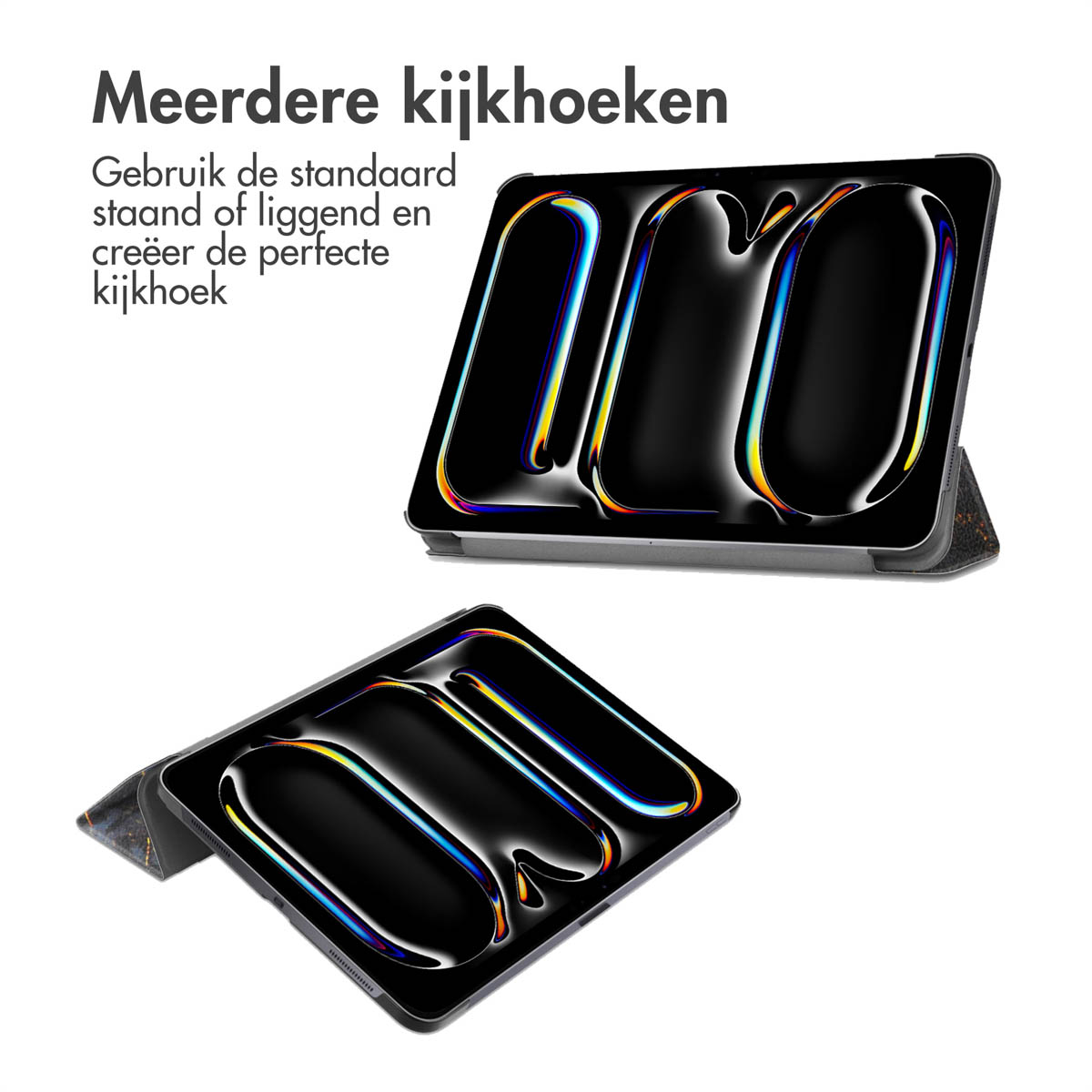 Black tablet case, with a tablet displaying a dark screen, angled.