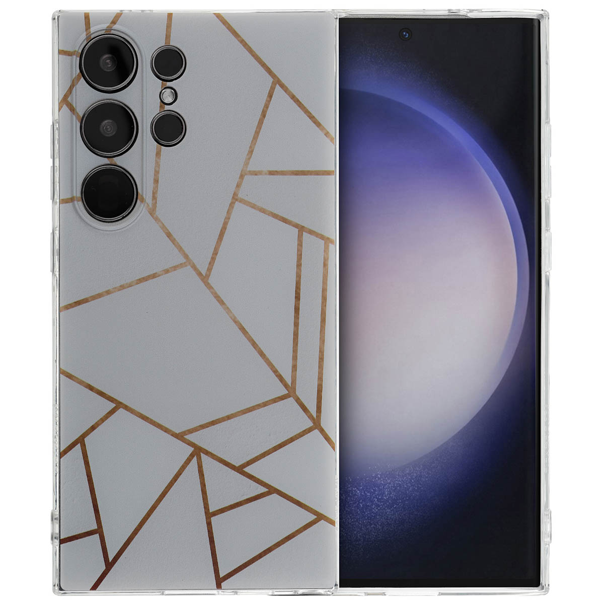 Telefoonhoesje met geometrisch design, witte achtergrond met gouden lijnen.