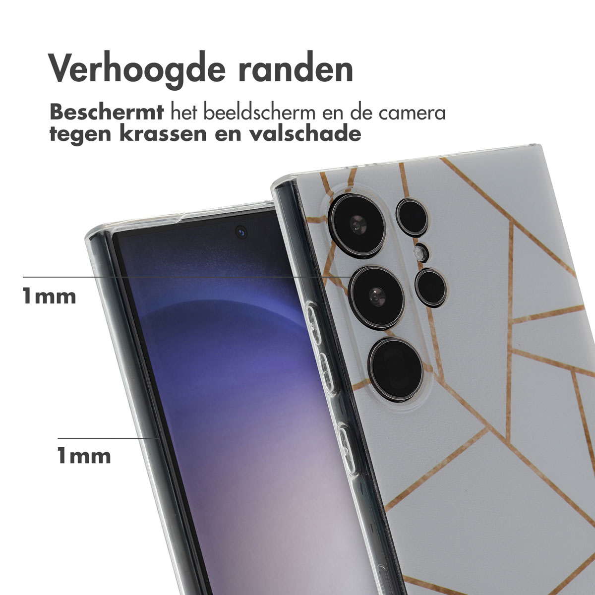 Een telefoonhoesje met een marmerdesign, met de zijkant van de telefoon.