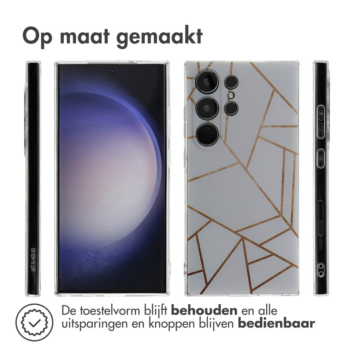 Telefoonhoesjes worden getoond, transparant met gouden geometrische ontwerpen. Vorm en knoppen zijn zichtbaar.