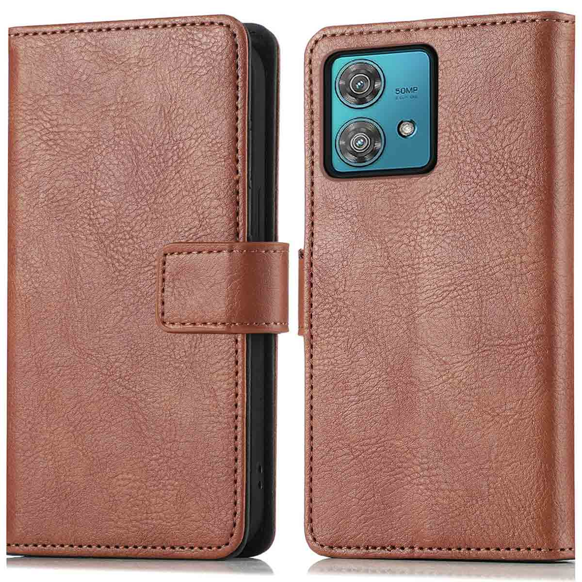 Bruine telefoonhoes met een telefoon rechts. De hoes heeft een sluiting en een lederlook.