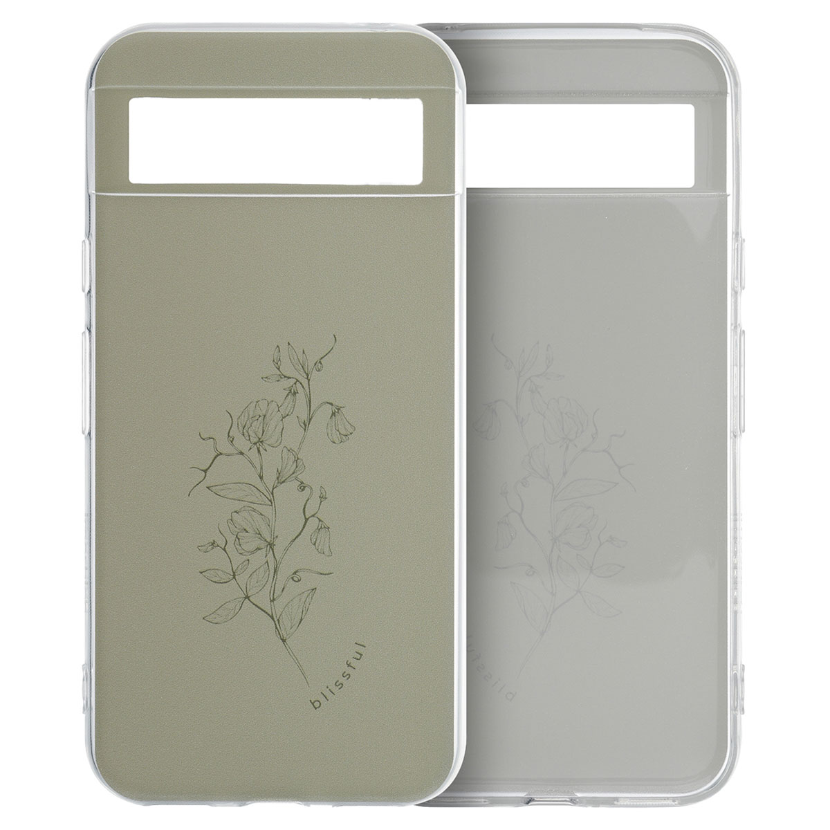 Zwei Handyhüllen. Eine olivgrün, eine klar. Beide haben ein Blumendesign. Text: Das Design Ihres Telefons bleibt sichtbar.