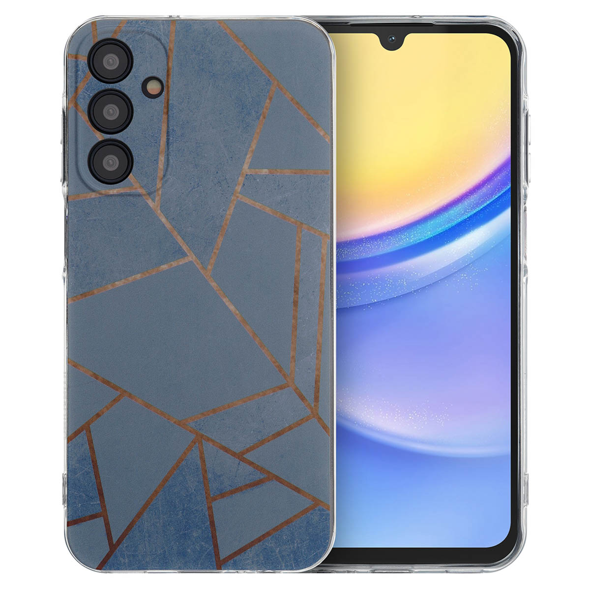 Blauwe telefoonhoes met een geometrisch gouden ontwerp. De telefoon zit in de hoes.