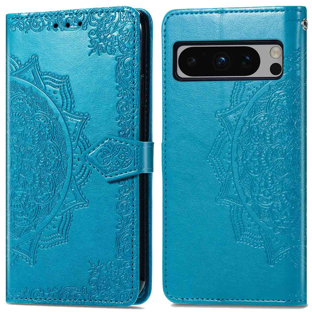 Blauwe telefoonhoes met een mandala-ontwerp, open met een telefoon zichtbaar binnenin.
