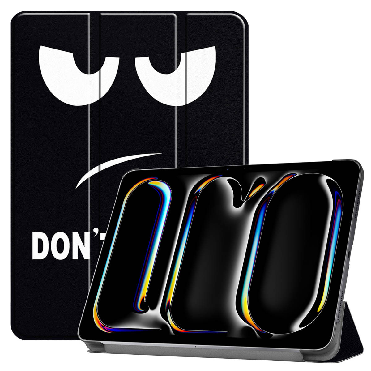 Black tablet case with a design that looks like a face with eyes and an open mouth.