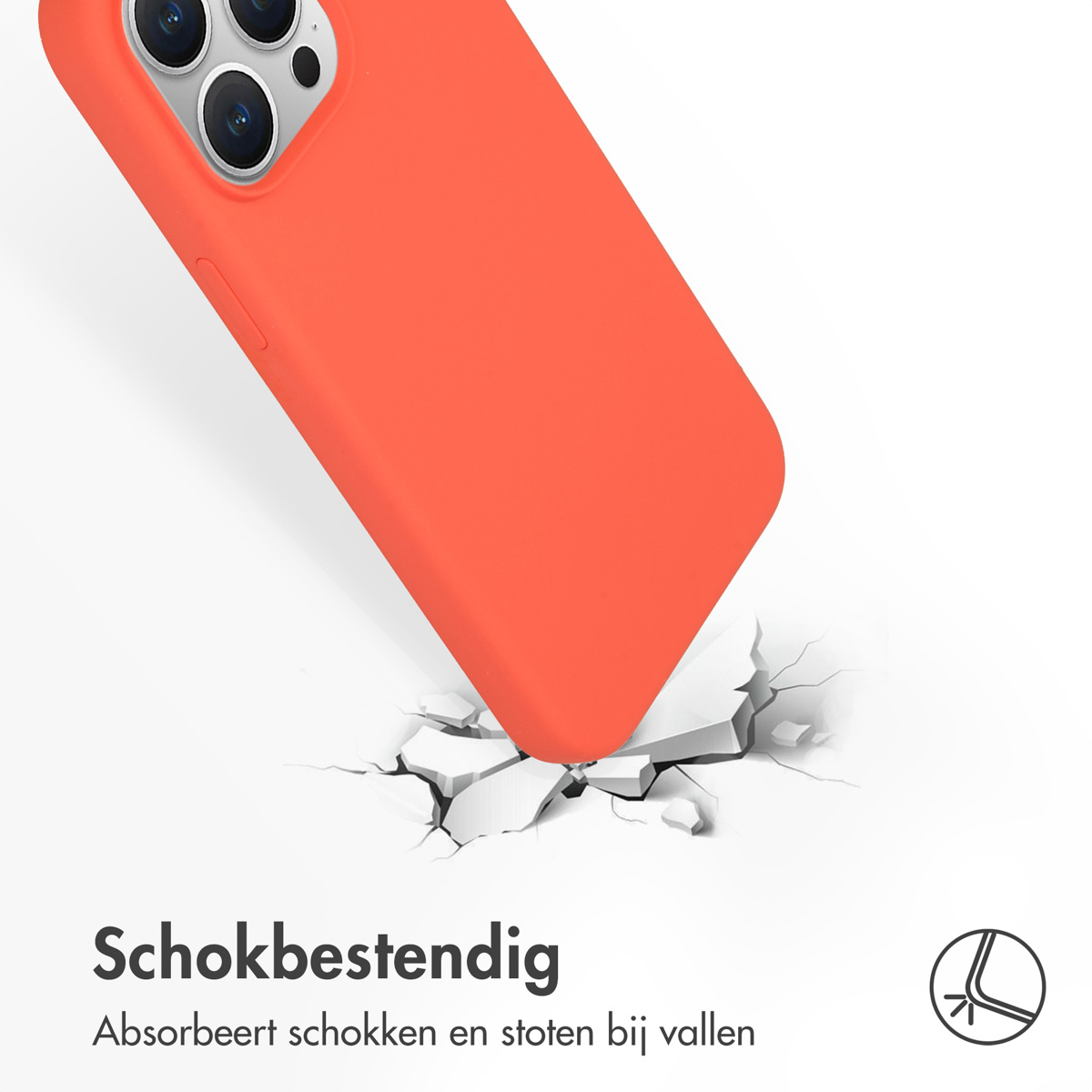 Oranje telefoonhoes, valt op een barstende grond. Tekst: Schokbestendig.