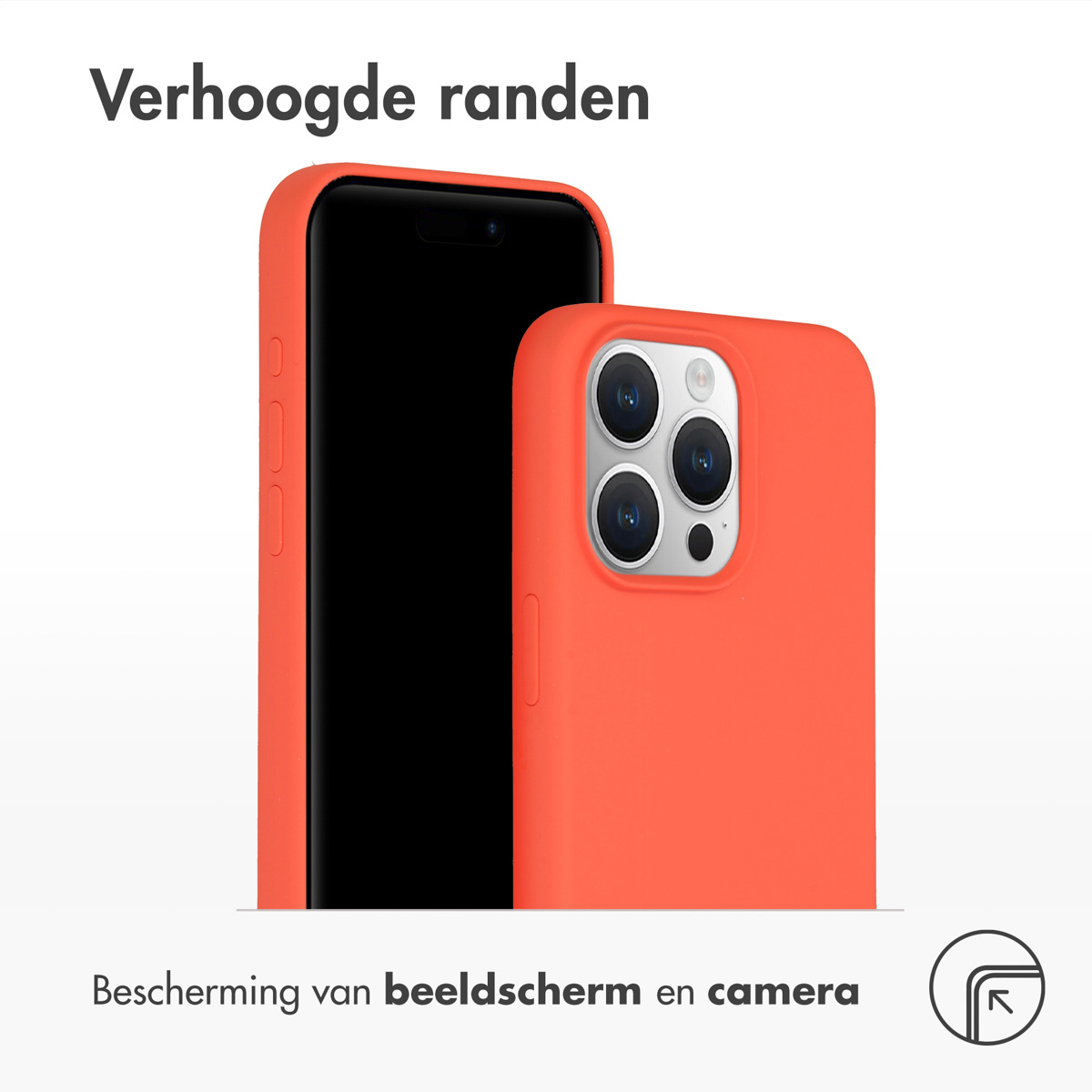 Oranje telefoonhoes en een zwarte telefoon. Tekst: Verhoogde randen.