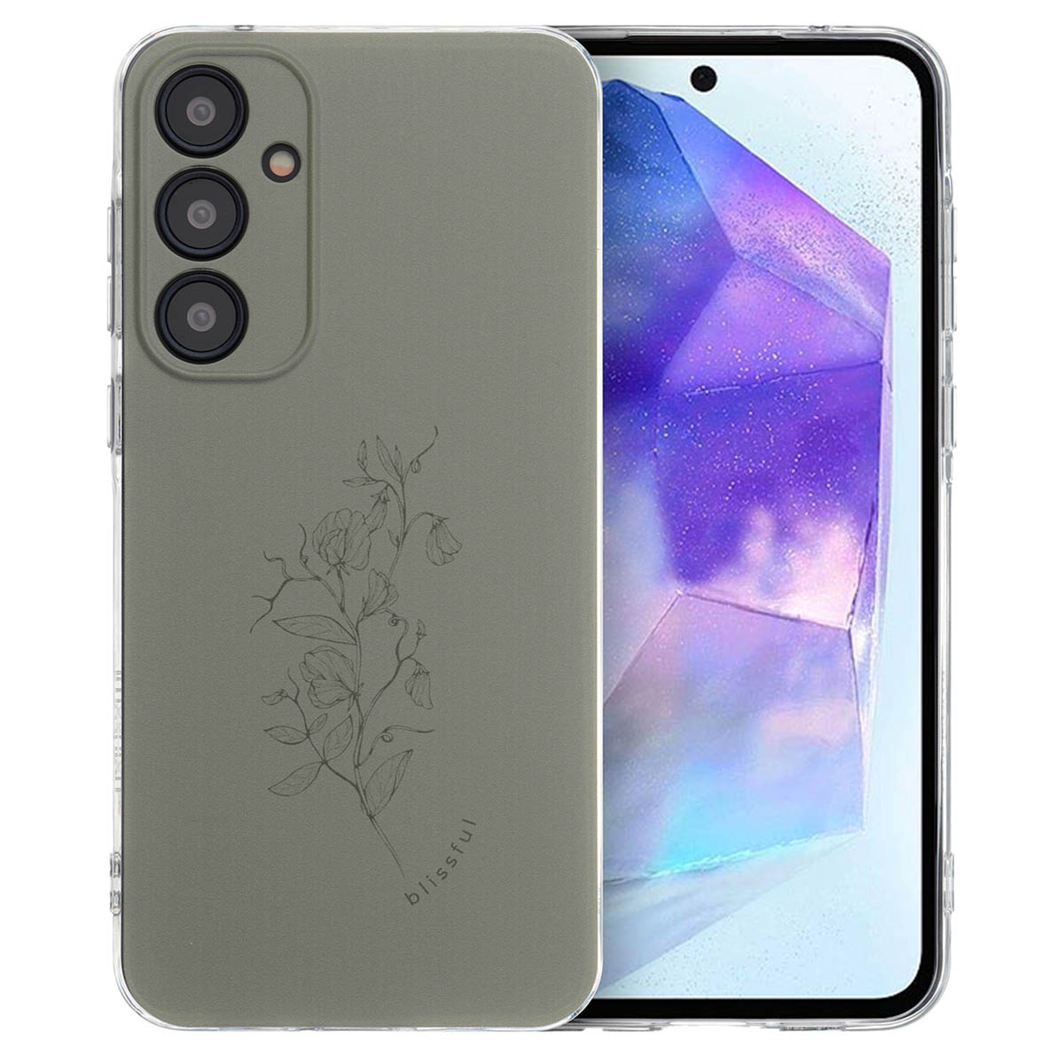 Grijze telefoonhoes met bloemenontwerp. Telefoon binnenin.
