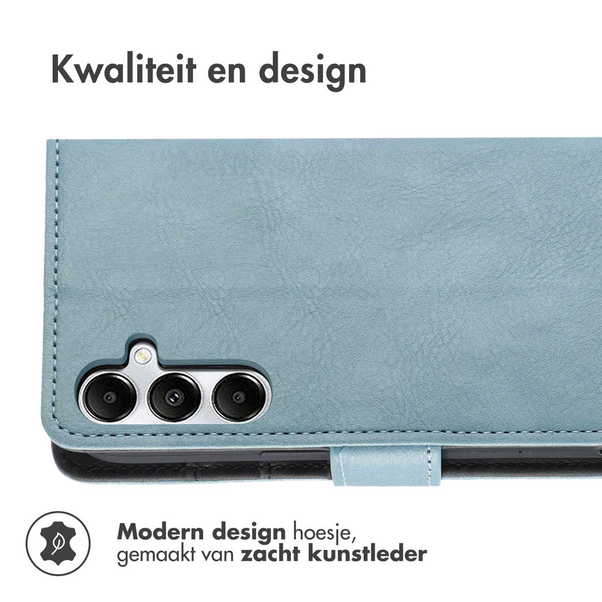 Een lichtblauwe leren telefoonhoes wordt weergegeven, open om de binnenkant te laten zien.