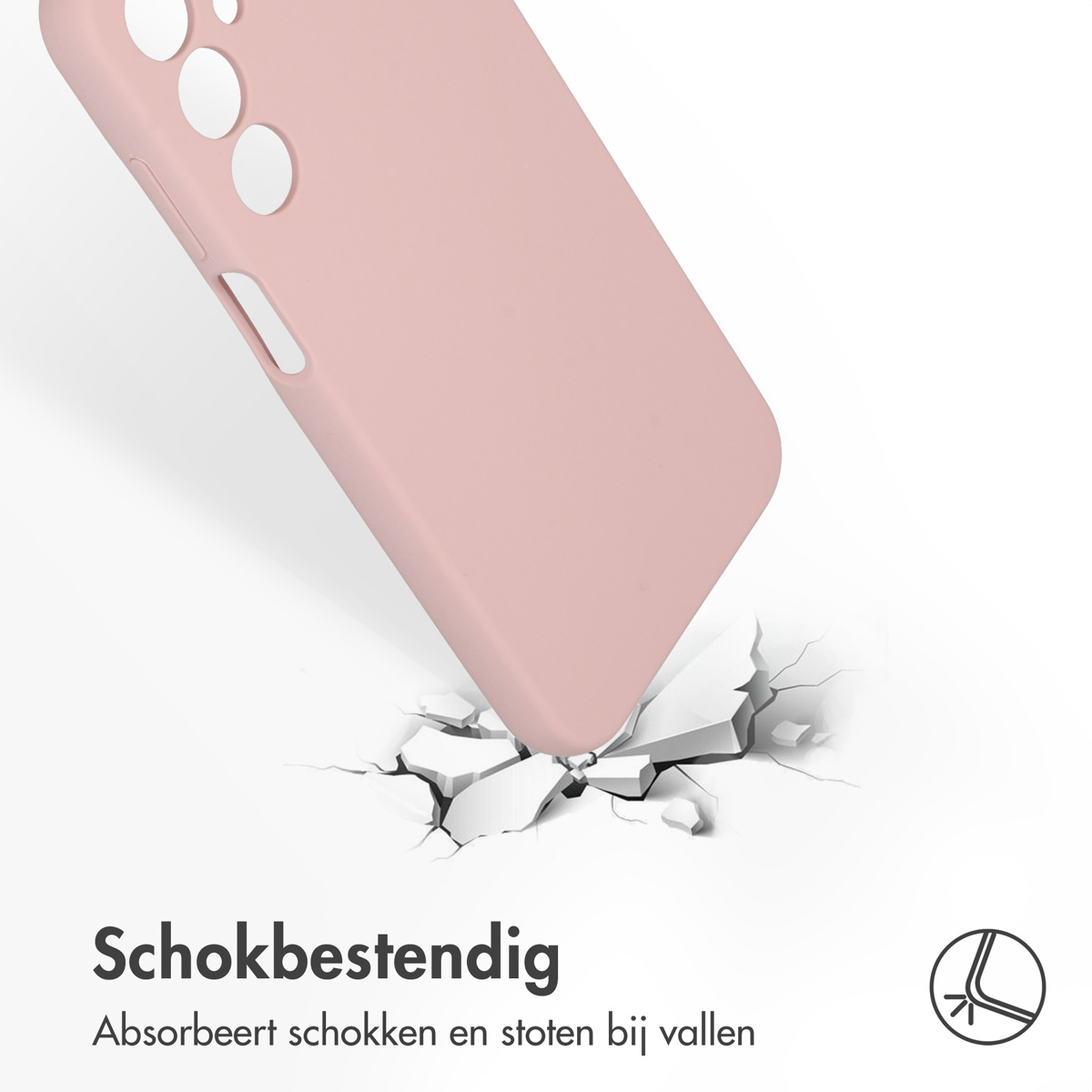 Roze telefoonhoes. De telefoon zit in de hoes en is gebarsten.