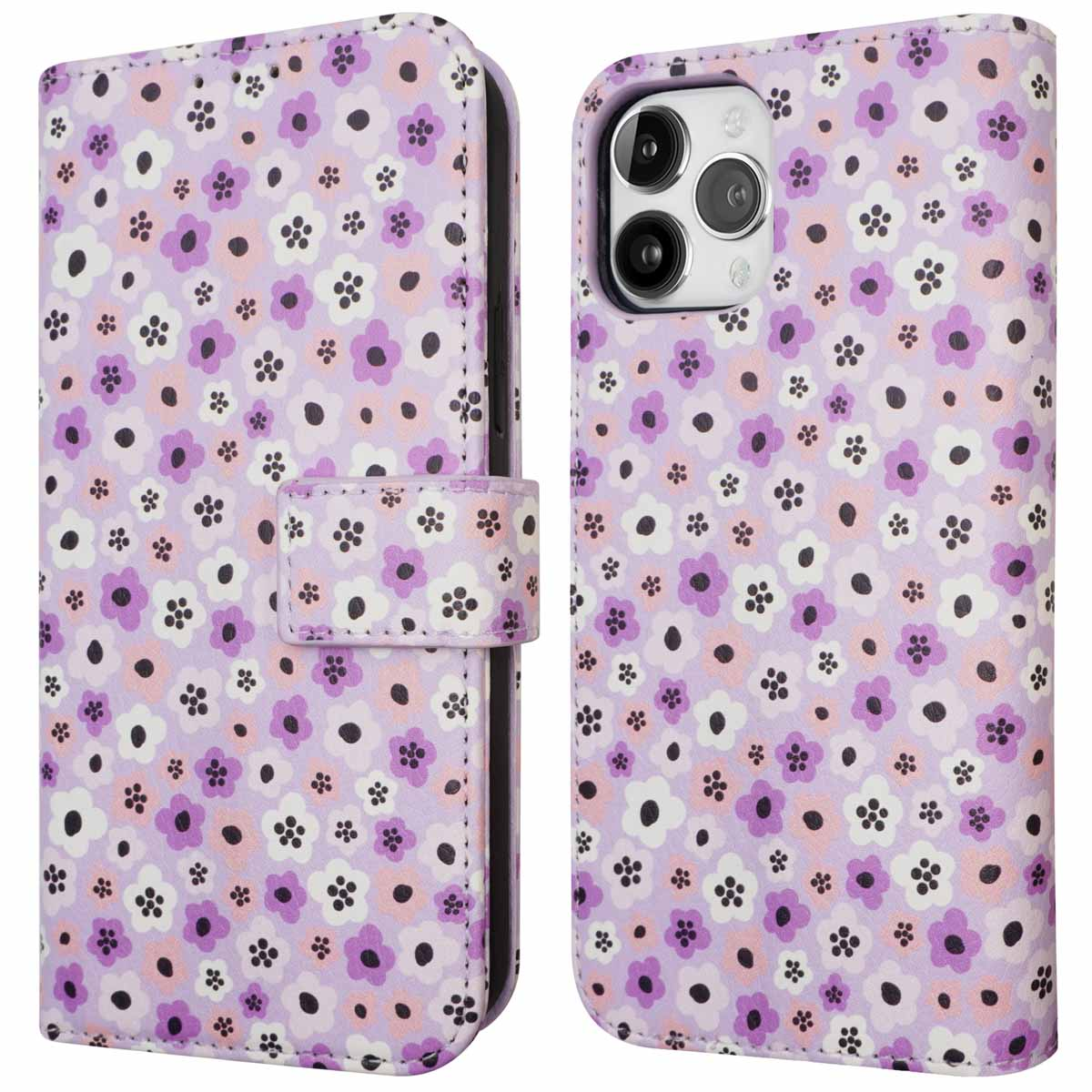Een paarse bloemen telefoonhoes wordt weergegeven, open om de binnenkant en de knop van de telefoon te laten zien.