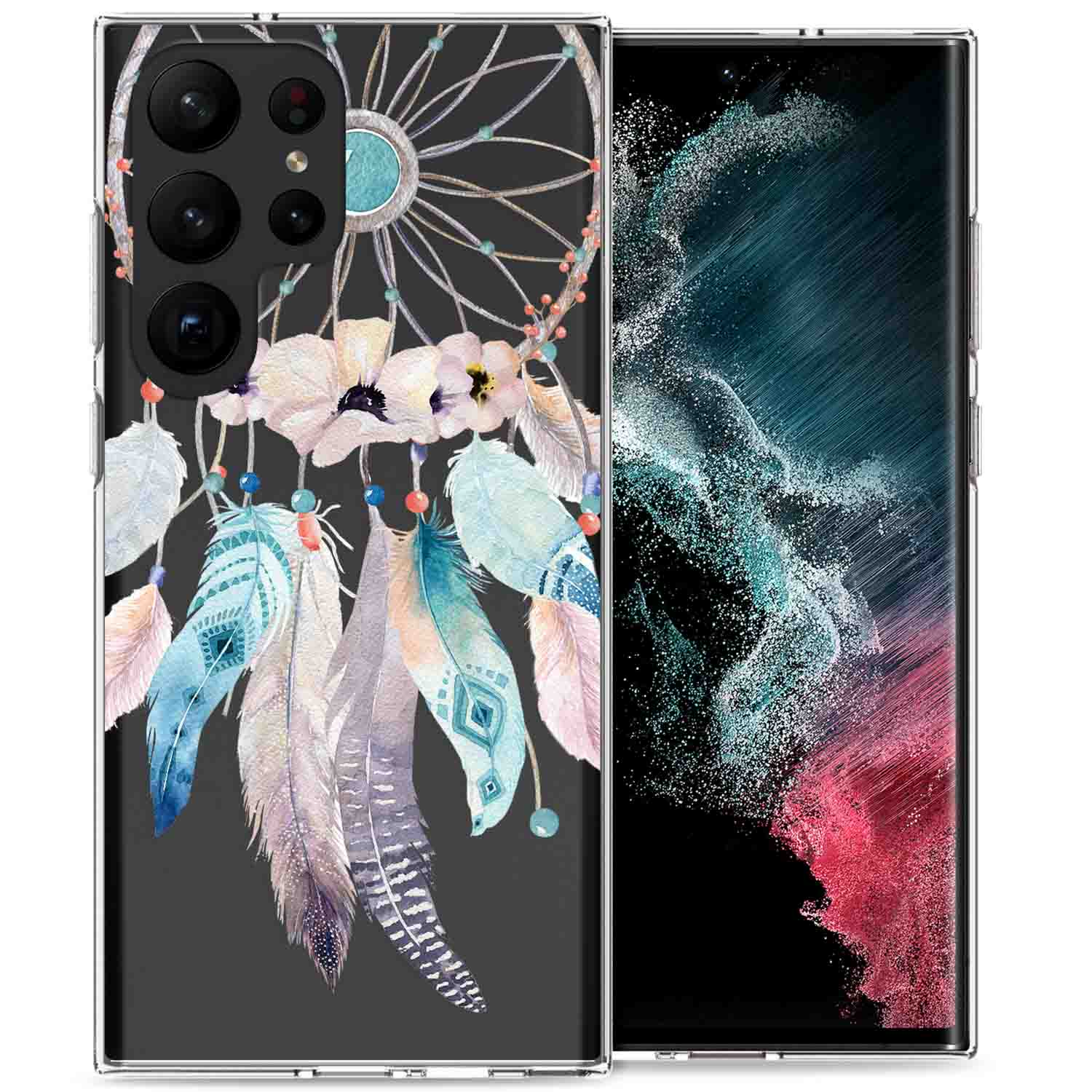 Handyhülle mit Traumfänger-Design und Federn. Telefon eingesetzt.