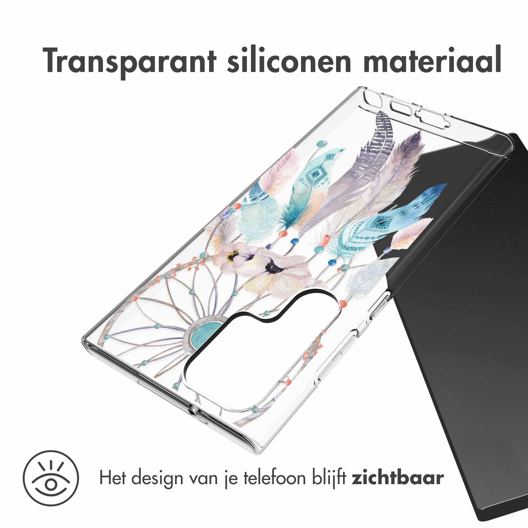 Klare Handyhülle mit Federdesign, mit einem Telefon darin.