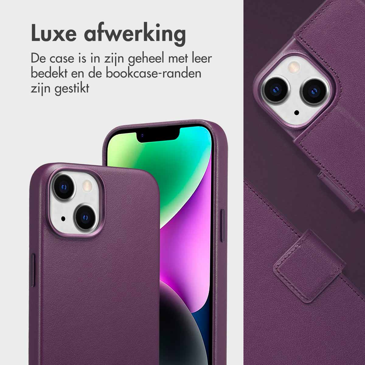 Paarse telefoonhoes. Close-up toont de hoes en een telefoon, beide paars. De hoes is van leer.