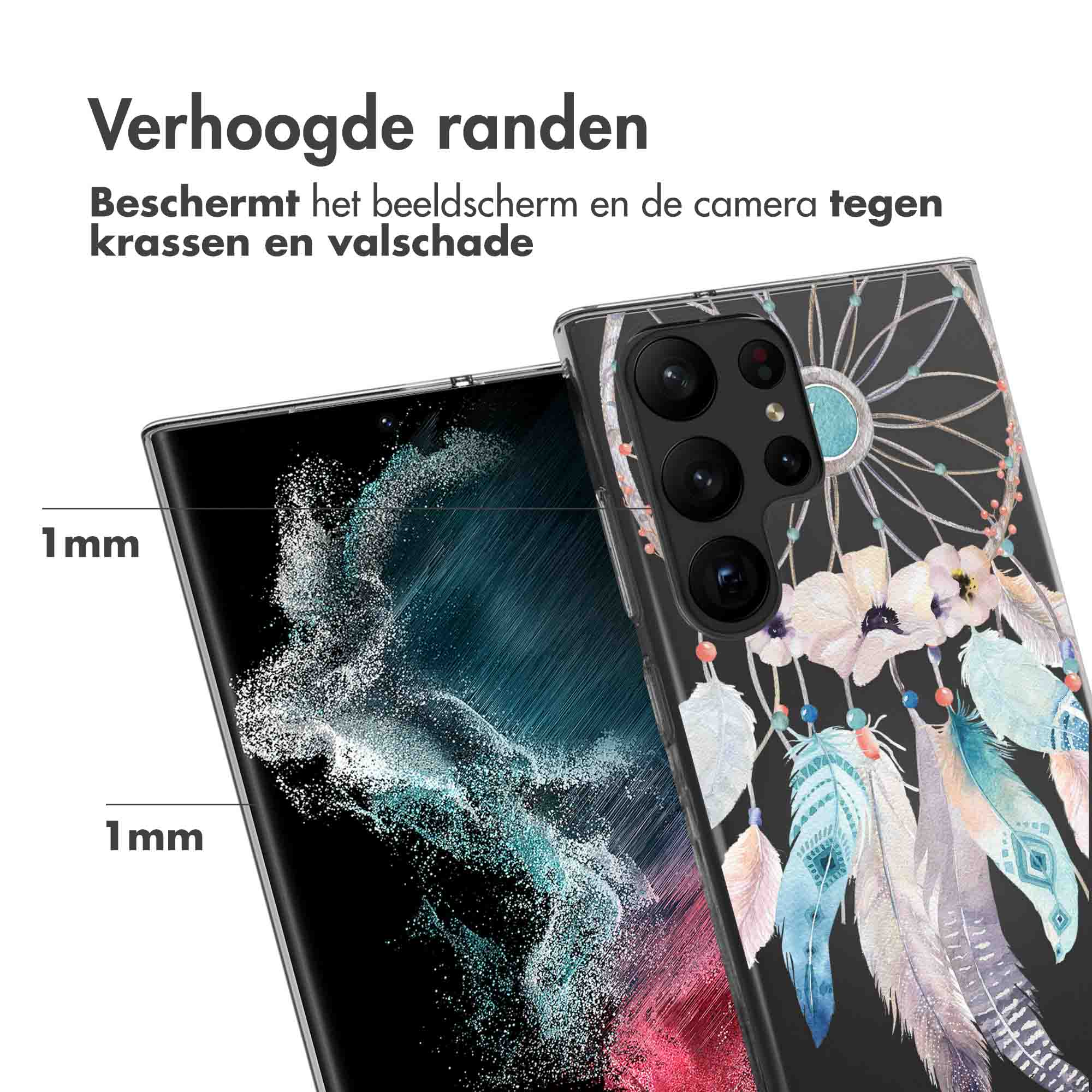 Handyhülle mit Traumfänger-Design. Text: Erhöhte Ränder. Schützt Bildschirm und Kamera vor Kratzern und Schäden.