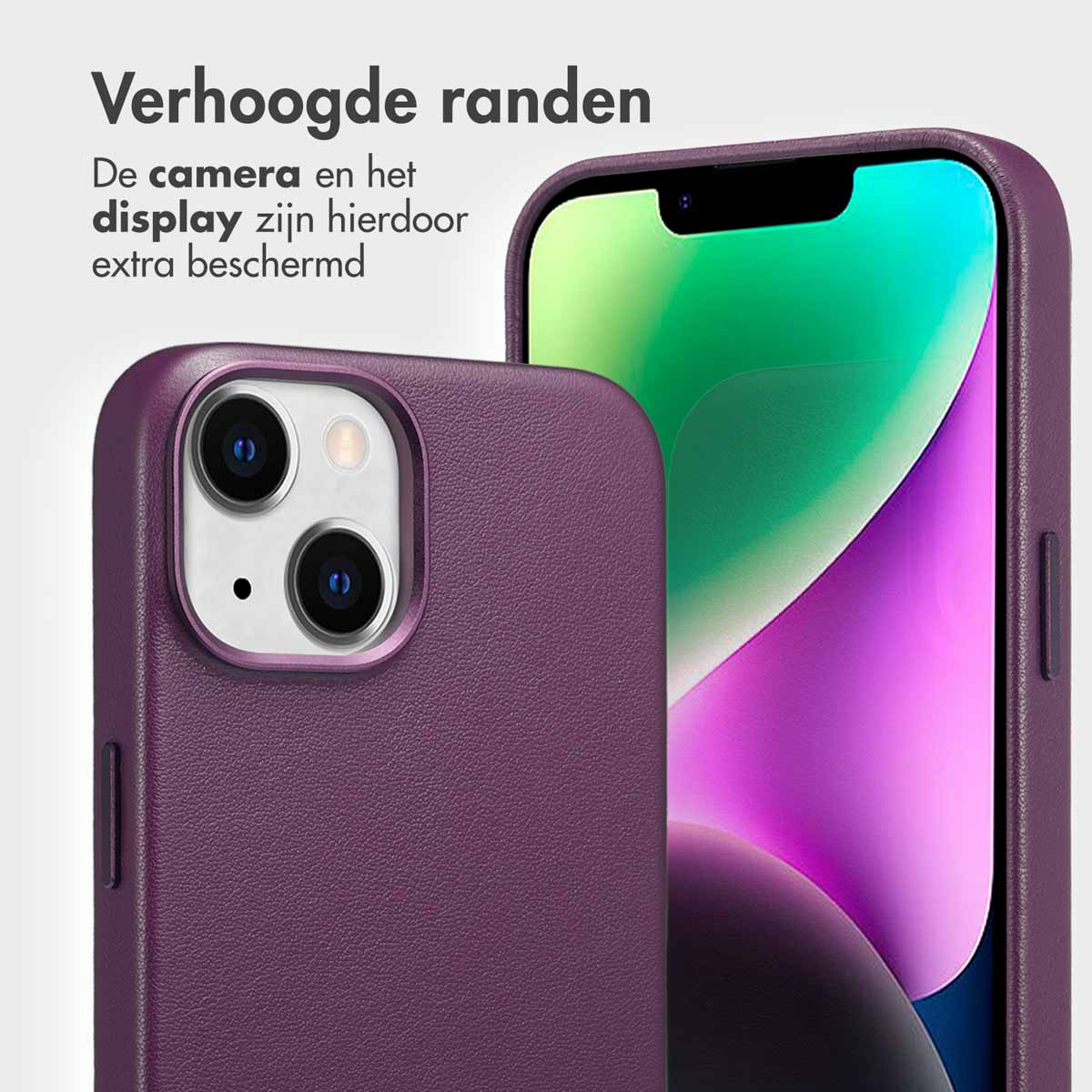 Telefoonhoes met verhoogde randen. De hoes is paars.