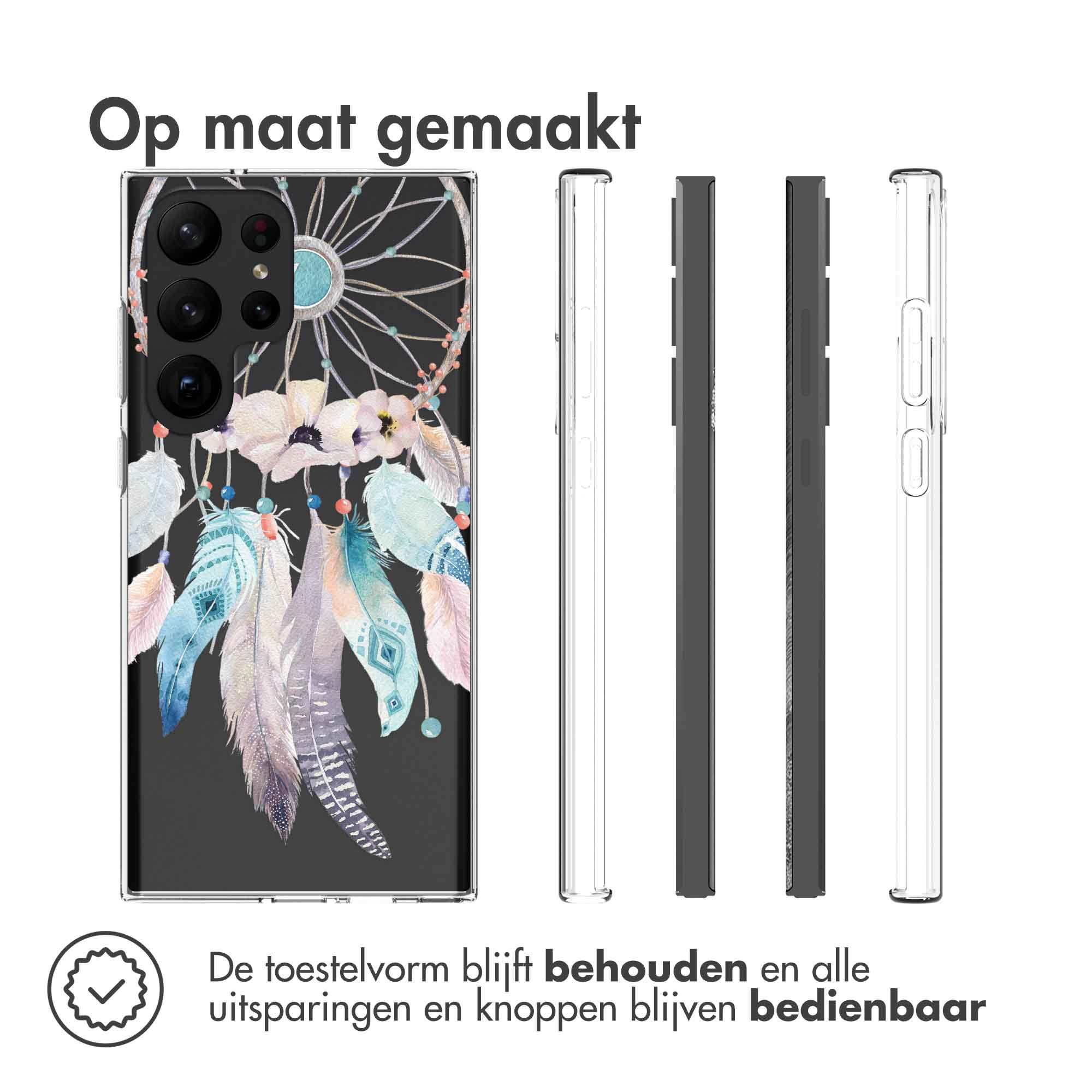 Transparente Handyhüllen mit einem Traumfänger-Design und Text auf Niederländisch. Die Hülle ist transparent.