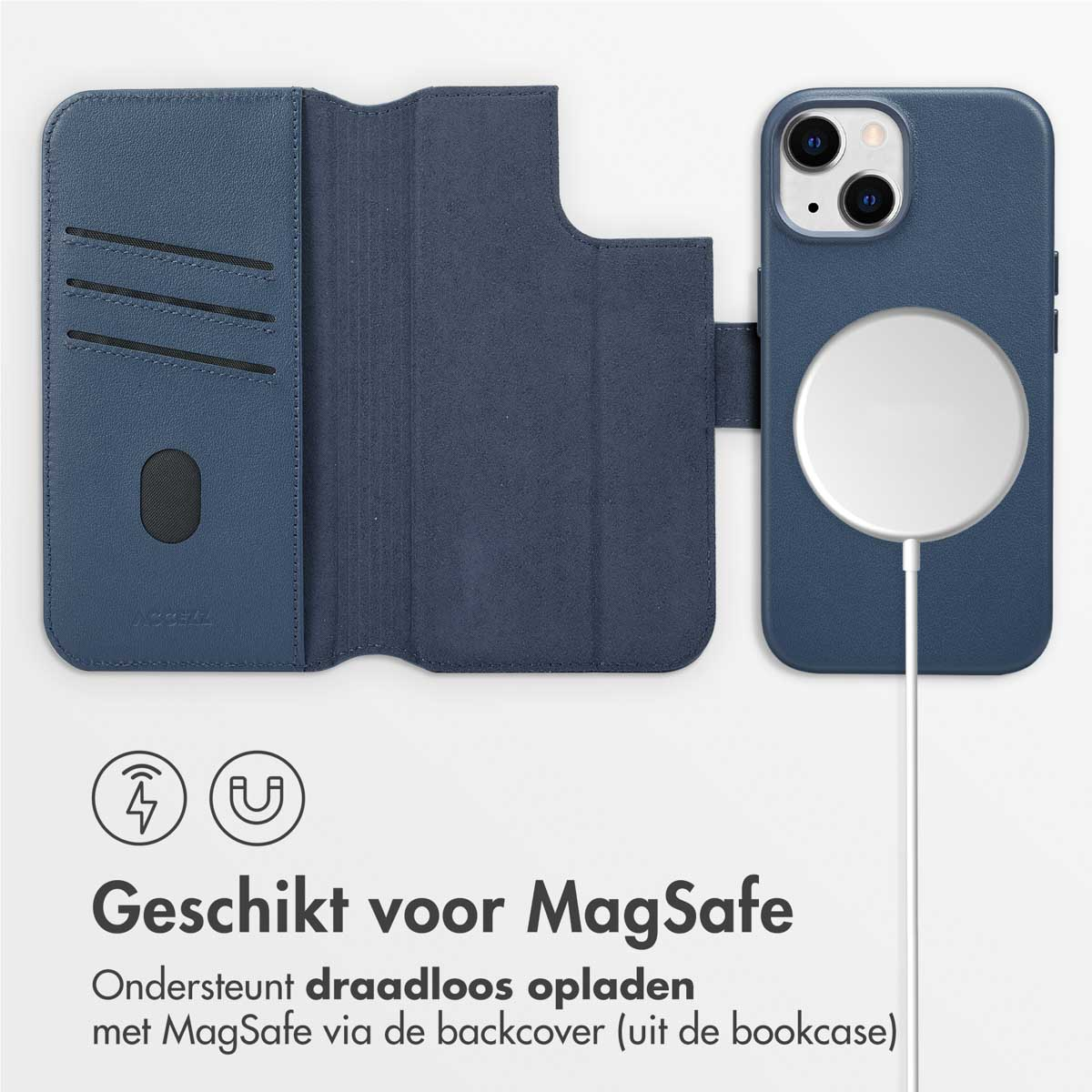 Blauwe telefoonhoes en telefoon. Tekst: Geschikt voor MagSafe. Ondersteunt draadloos opladen via de achterkant (van de bookcase).