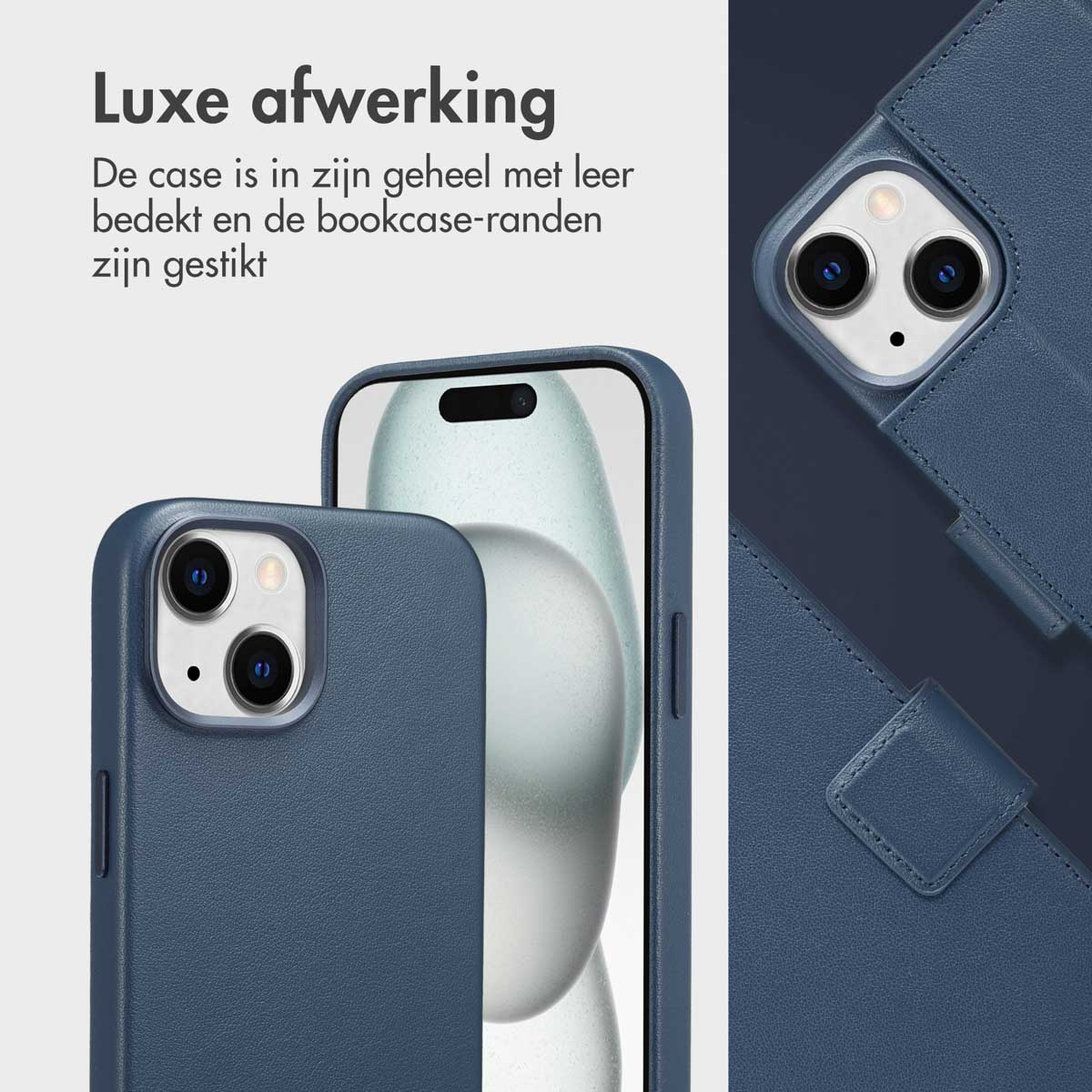 Blauwe telefoonhoes, de telefoon zit erin.