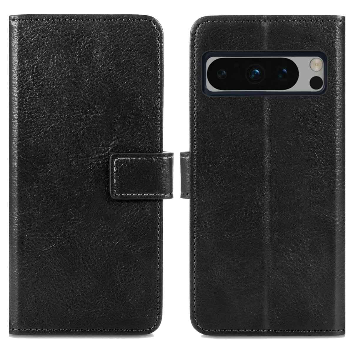 Étui de téléphone en cuir noir, fermé et ouvert, sur fond blanc.