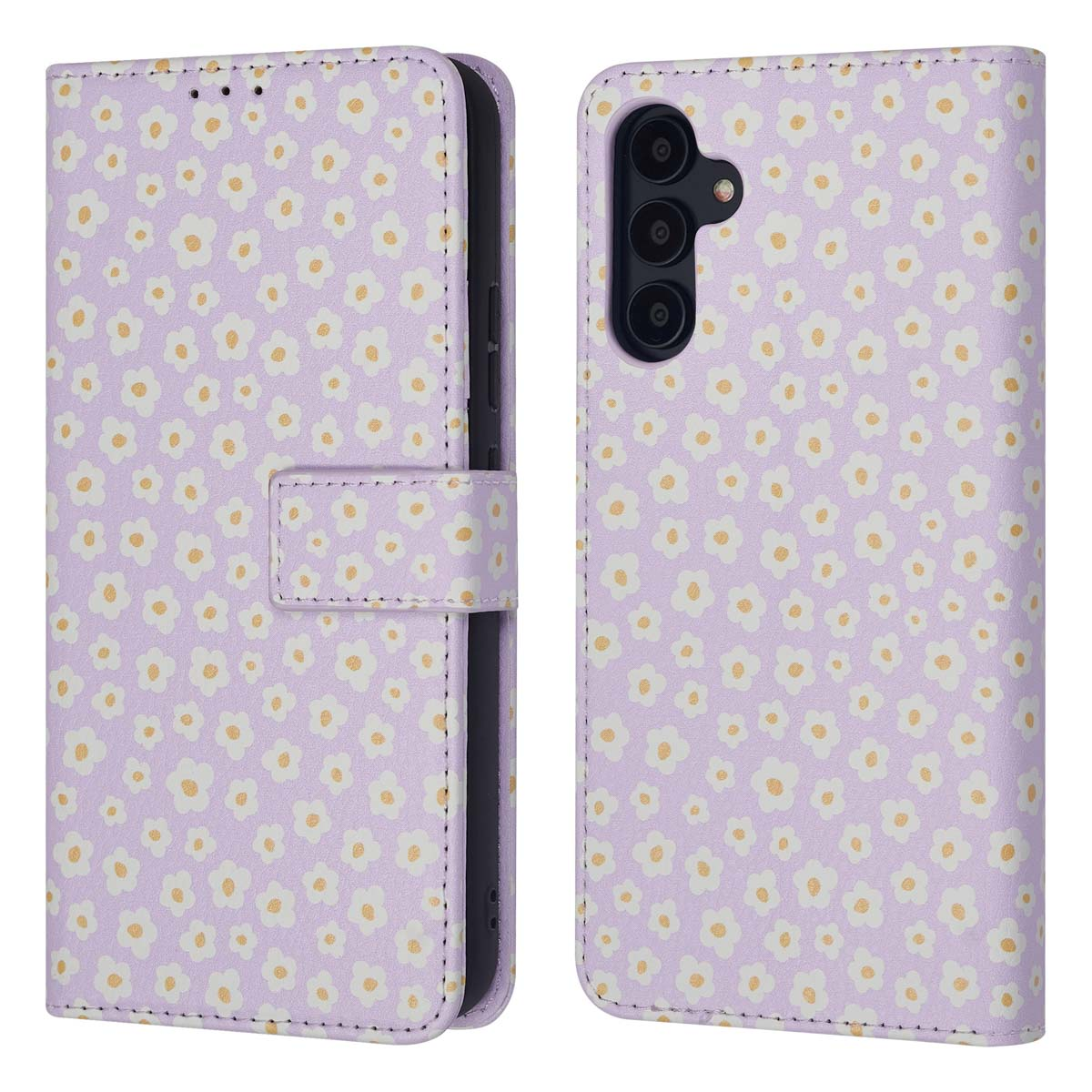 Telefoonhoesje met een bloemenpatroon in paars en wit. De telefoon zit erin.