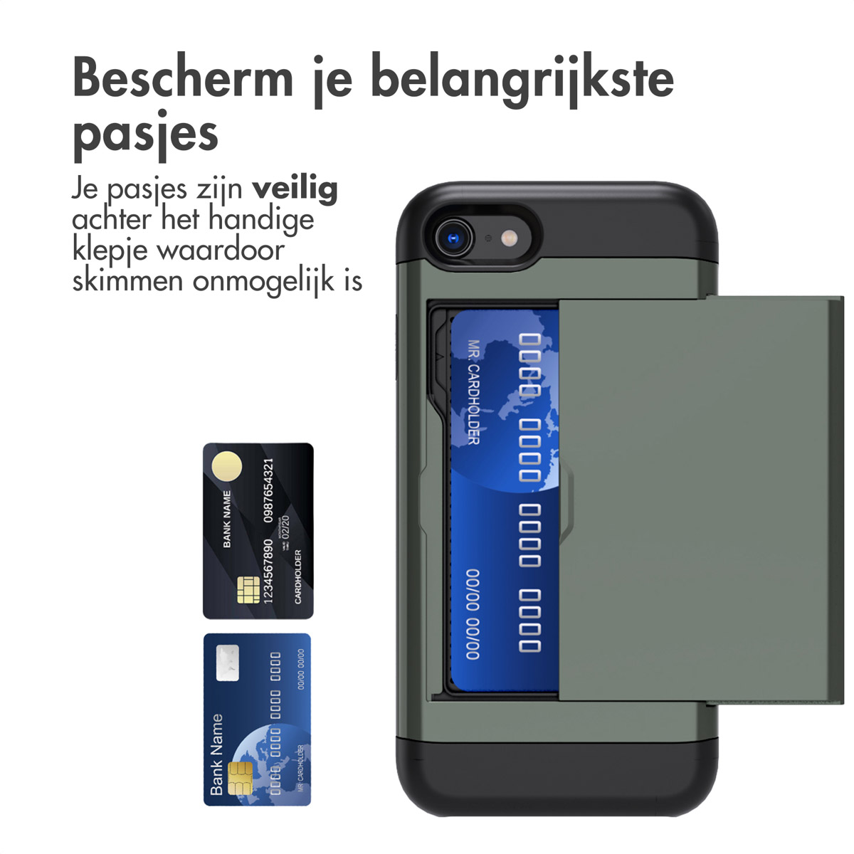 Een telefoonhoesje met een kaarthouder die een creditcard bevat. Er zijn twee kaarten zichtbaar.