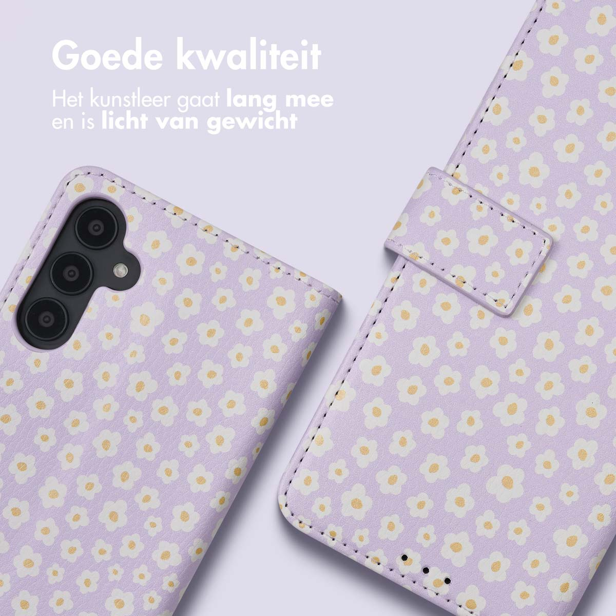 Een paars telefoonhoesje wordt getoond, open, met een madeliefjespatroon. De binnenkant van de telefoon is zichtbaar.