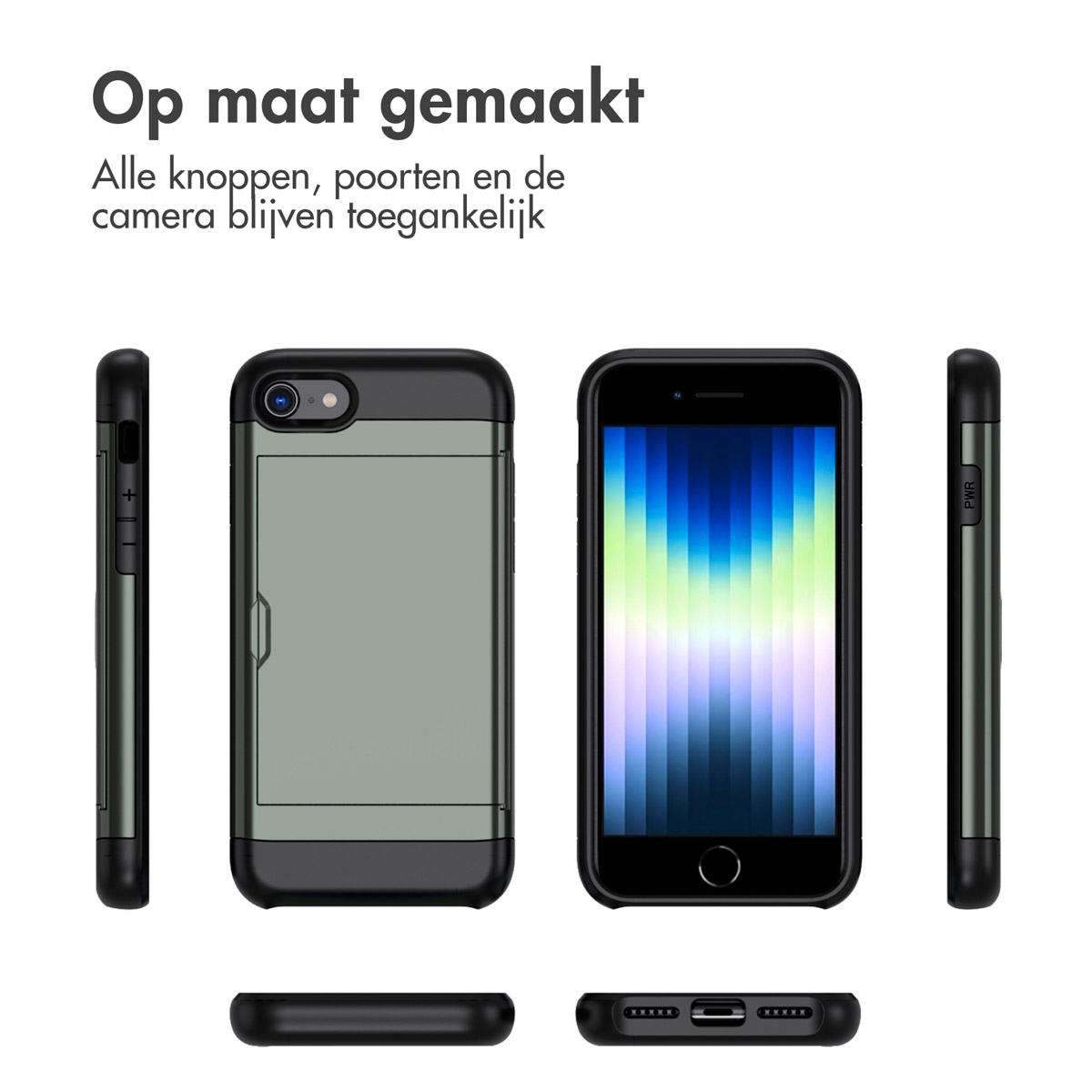 Telefoonhoes die de telefoon vanuit verschillende hoeken toont.