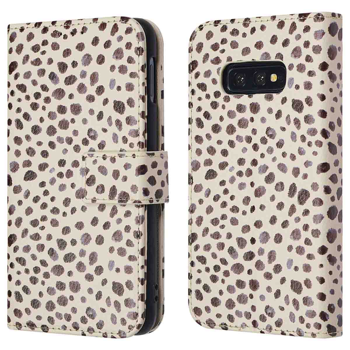 Étui de téléphone avec fond crème et motif tacheté marron, vue fermée et ouverte.