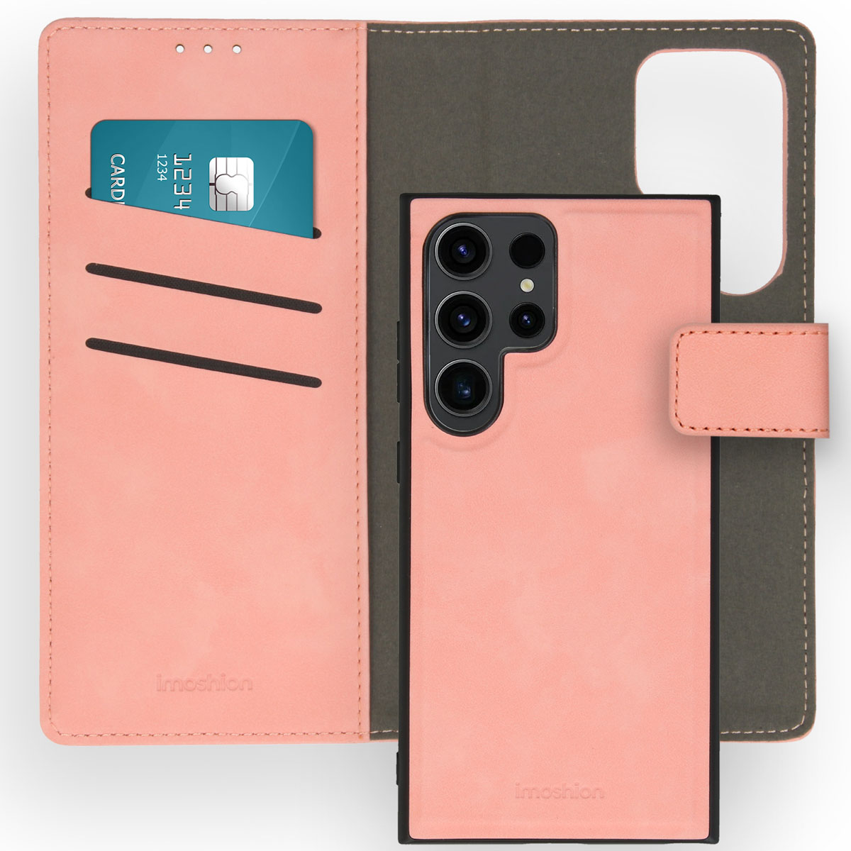 Roze telefoonhoes met kaartsleuven. Telefoon binnenin. Magnetische sluiting. Roze, grijs interieur.