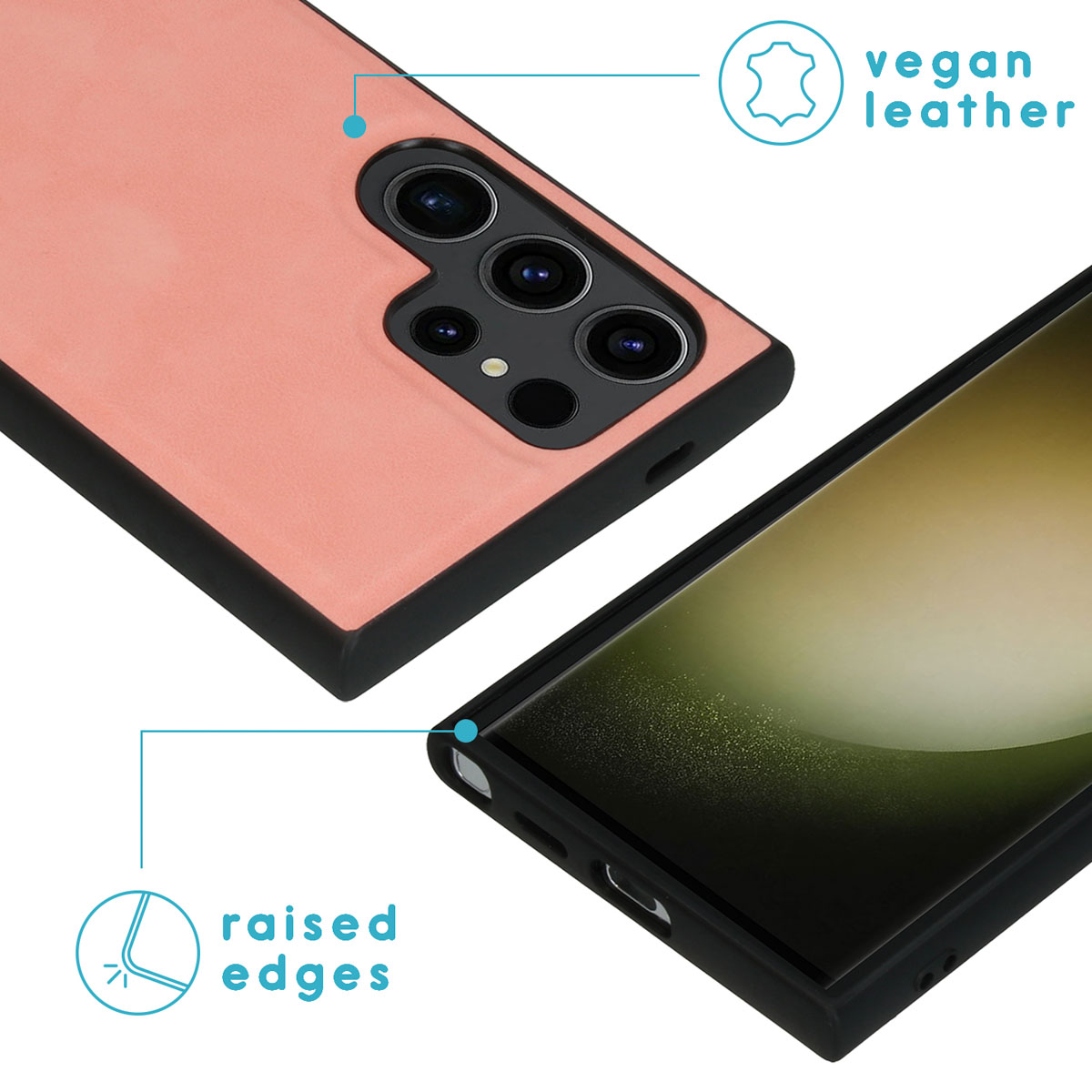 Telefoonhoes en telefoon. De hoes is roze, de telefoon is zwart. Verhoogde randen op de hoes.