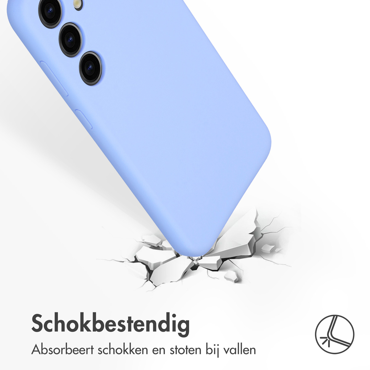 Coque bleue sur une surface. La coque contient un téléphone. Texte : Antichoc. Absorbe les chocs et les bosses en cas de chute.